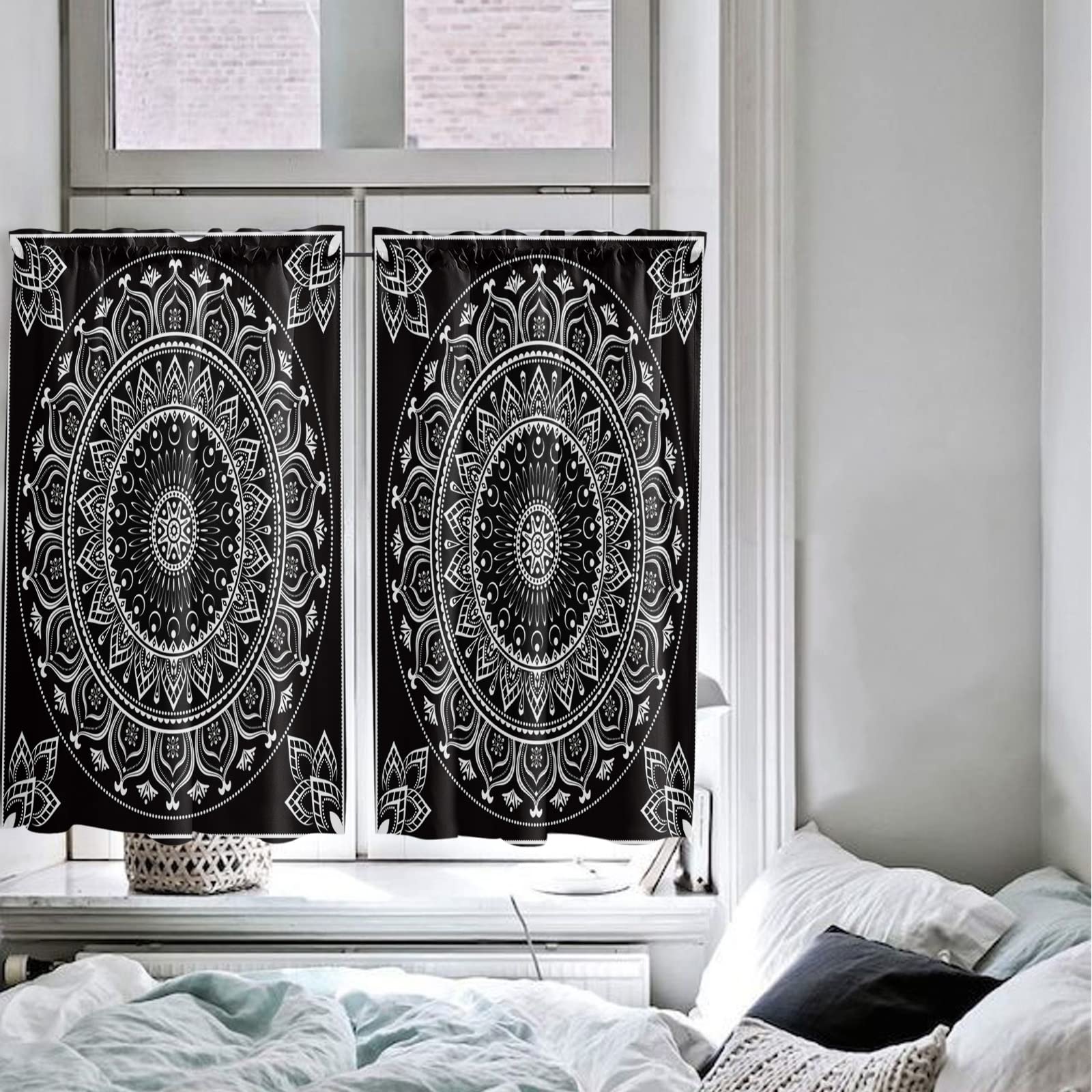 45 Inch Black Abstract Floral Kitchen Curtains - Set of 2 Cafe Tier Panels with Rod Pocket, 84x45 Inches - Perfect for Windows, French Doors & Small Spaces