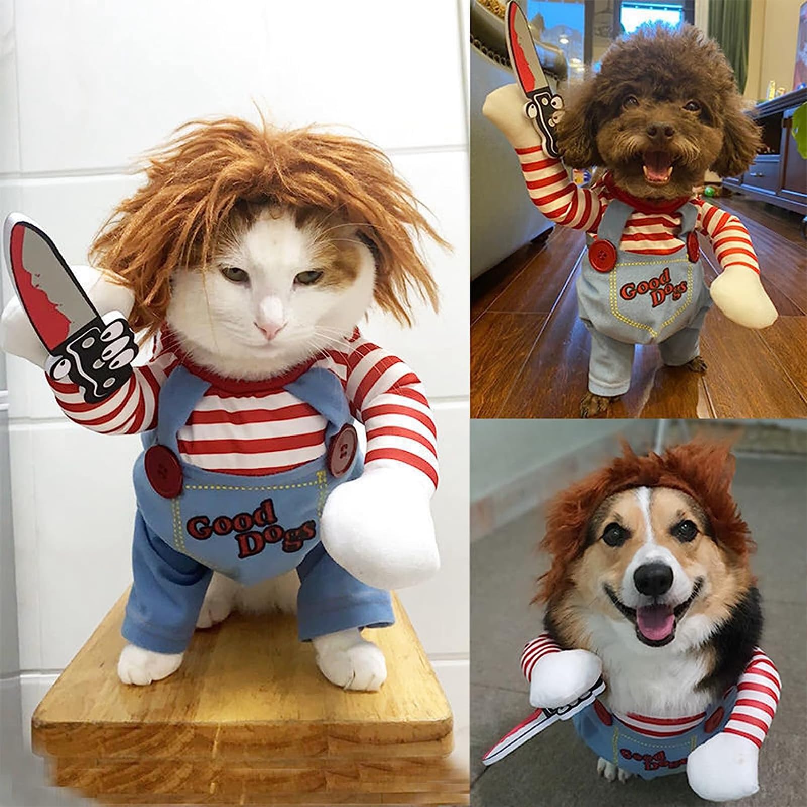 Chucky Dog Halloween Costume with Knife - Scary Pet Costume for Small Dogs (XS) | Funny Halloween Outfit for Pets, Perfect for Halloween Parties & Trick or Treat