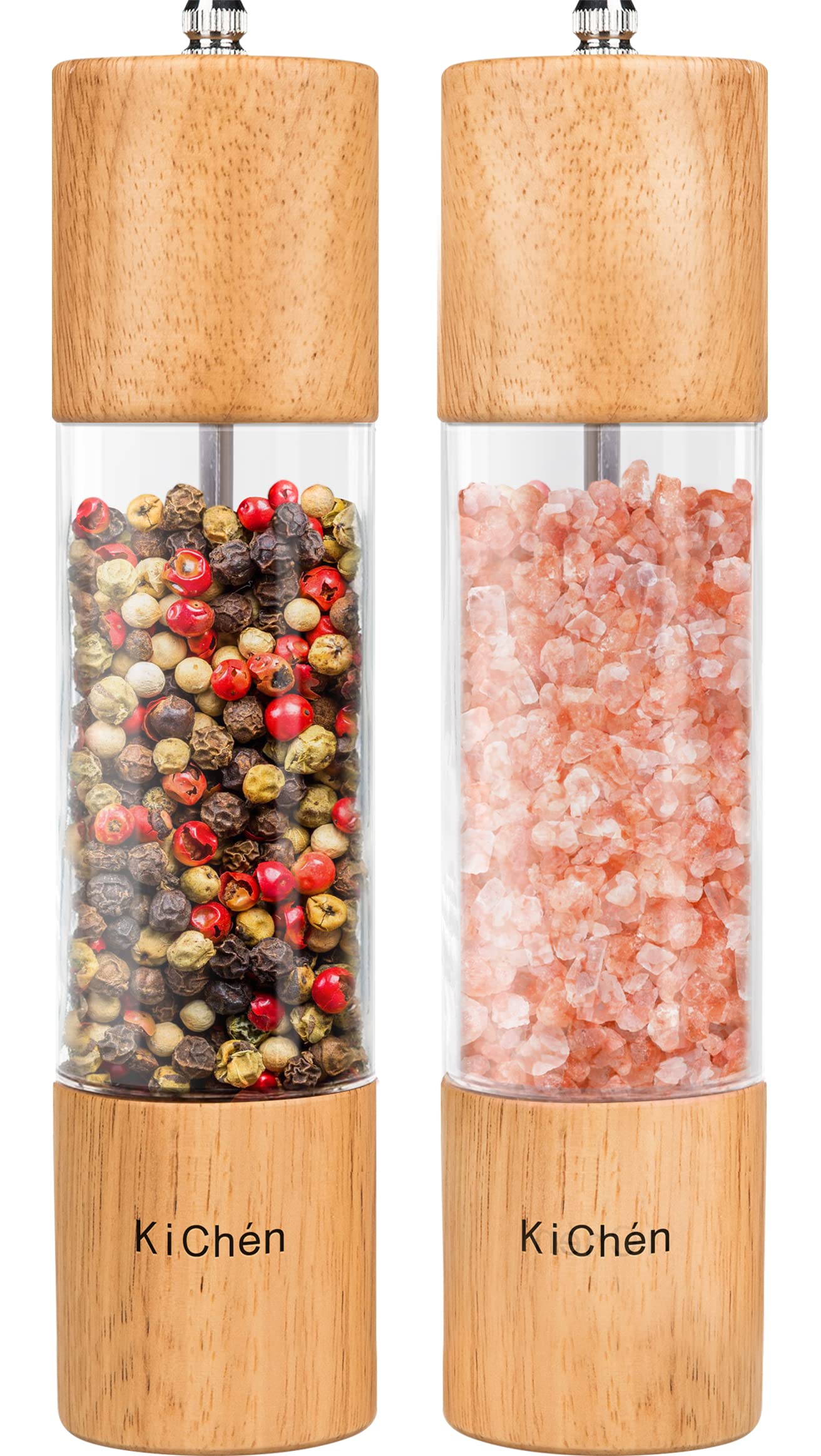 Premium Wooden Salt and Pepper Grinder Set - Manual Adjustable Refillable Spice Mill with Large Capacity - Perfect for Kitchen, Dining Table & Outdoor BBQ