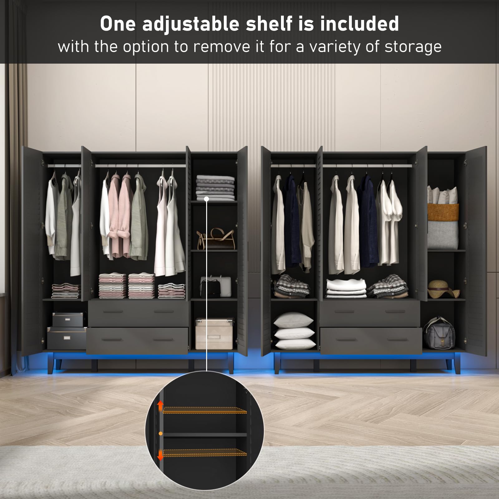 4 Door Armoire Wardrobe Closet with LED Lights, Drawers & Hanging Rod - Large Capacity Storage Cabinet for Bedroom with Multi-Tier Shelves & Louver Doors (Black) - Perfect for Organizing Clothes, Shoes & Accessories in Master Bedroom or Guest Room
