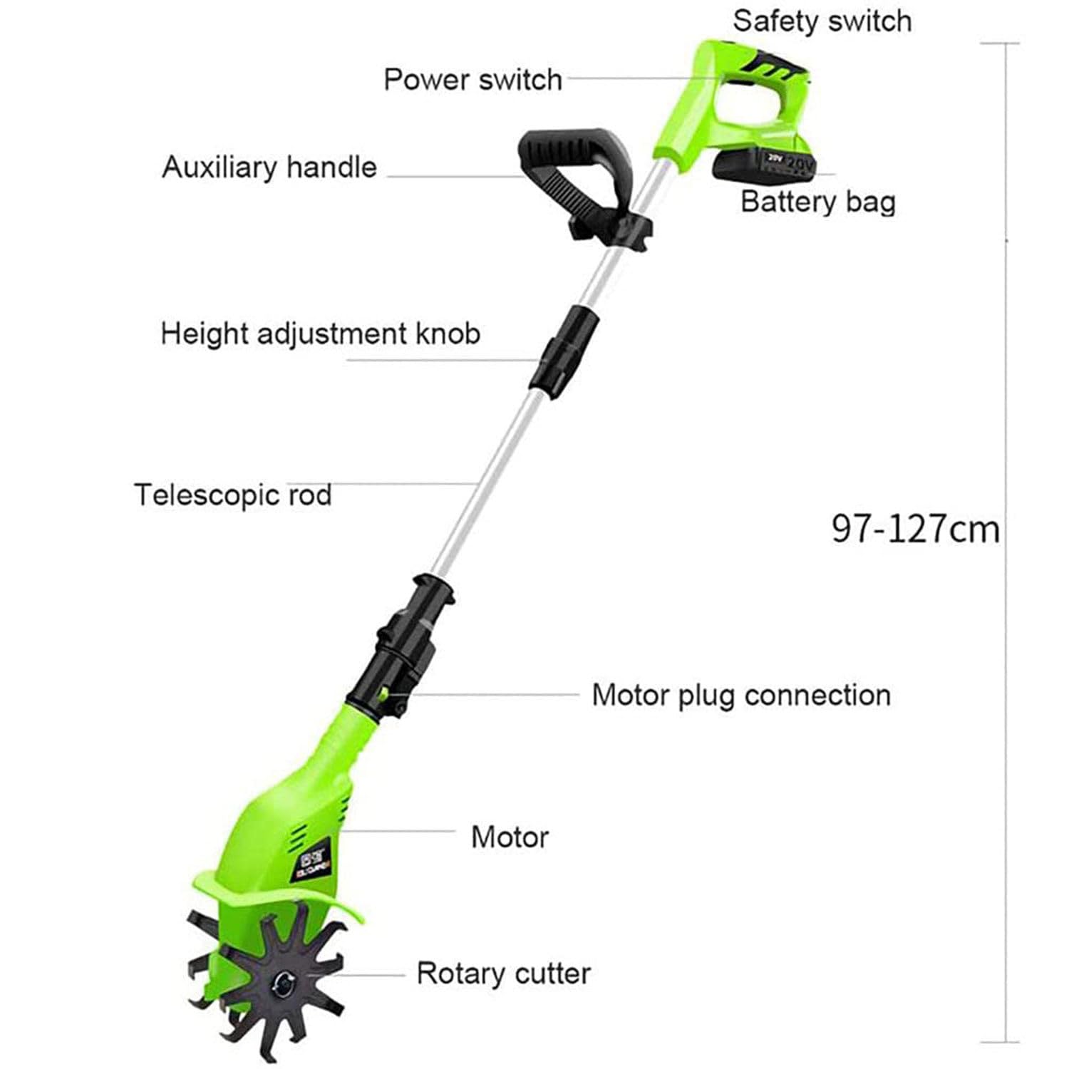 20V Cordless Electric Rotavator with 2Ah Lithium Battery & 65cm Manganese Steel Blades - Lightweight Garden Tiller for Soil Cultivation, Weeding & Landscaping (110V) - Perfect for Home Gardens, Small Farms & Yard Maintenance