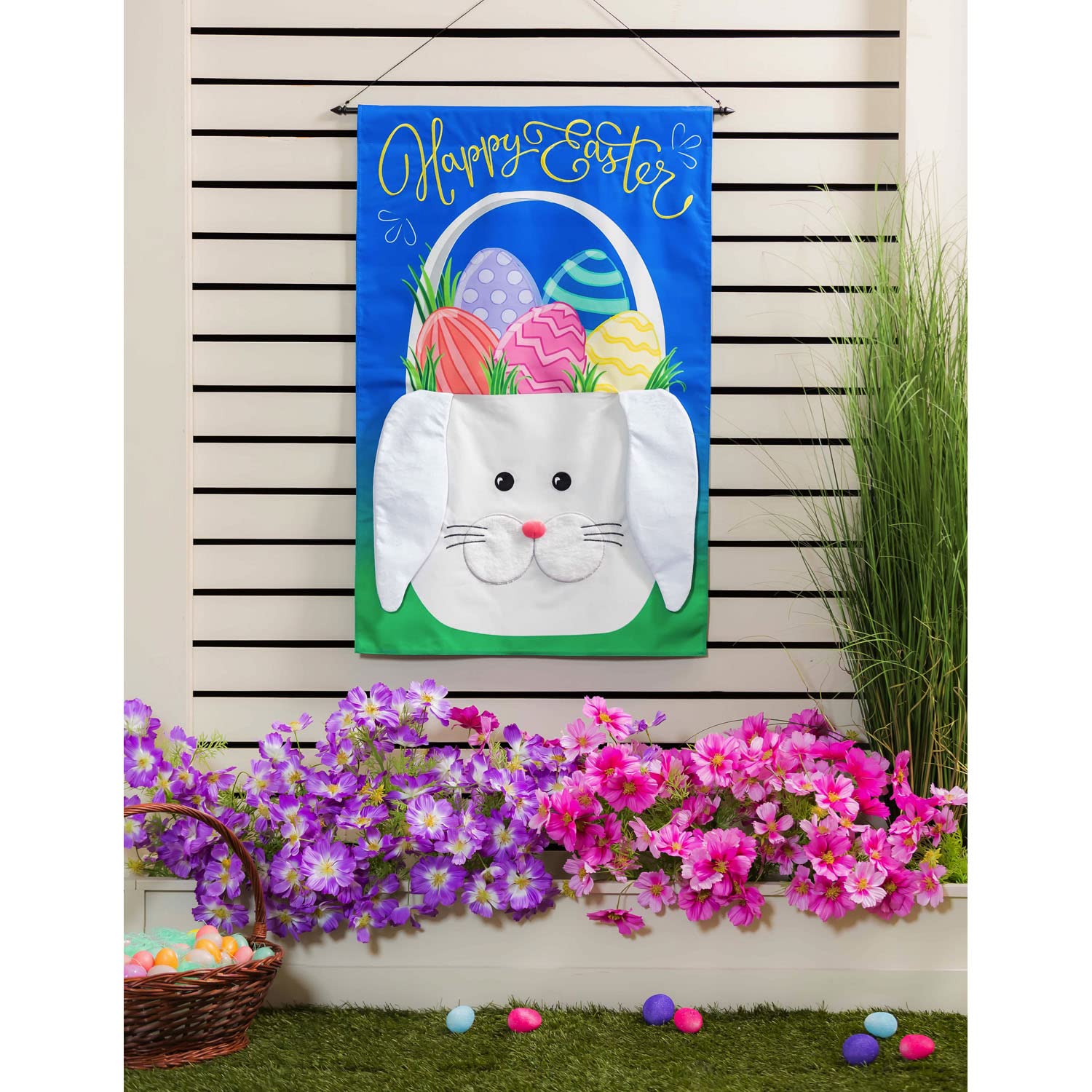 Evergreen Easter Bunny Basket House Burlap Flag - 28 x 44 Inches, Durable Outdoor Decor for Spring, Homes & Gardens - Perfect for Easter Party, Front Porch & Yard Decoration