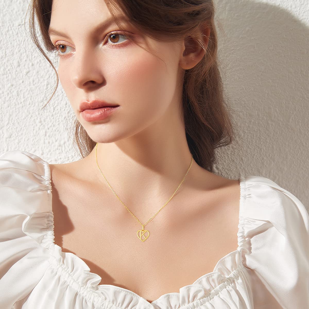 14K Solid Gold Heart Initial Necklace for Women - Personalized Letter A Pendant with 18