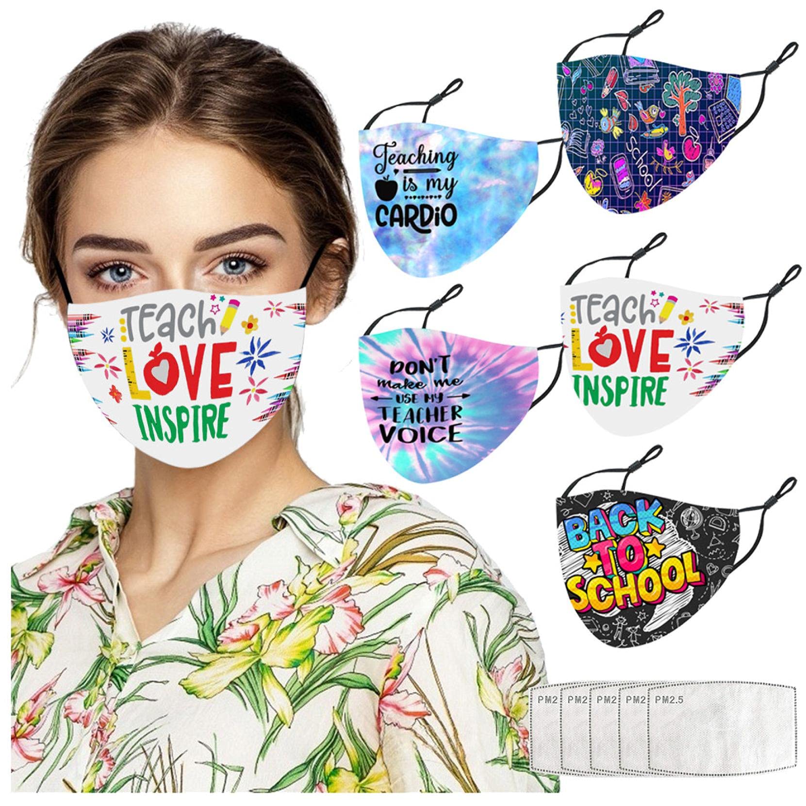 Washable Reusable Cloth Face Masks for Teachers - Adjustable Elastic Earloop, Full Face Protection with Inspirational Designs - Perfect for Classroom, School & Daily Wear