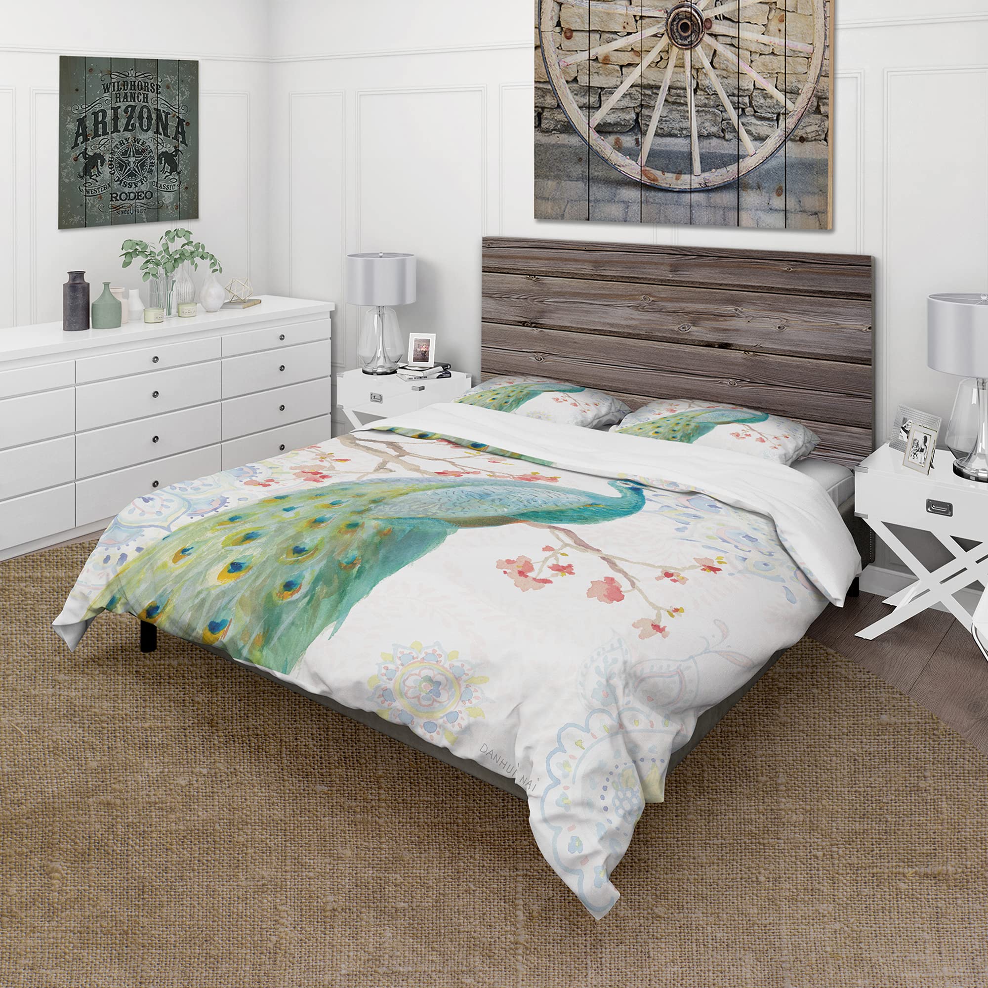 DesignQ Peacocks Watercolor Traditional Duvet Cover Set - Multi-Color Twin Size 3-Piece Bedding Set with Animal Print | All-Season Comfort for Kids' Rooms, Guest Bedrooms & Bohemian Decor