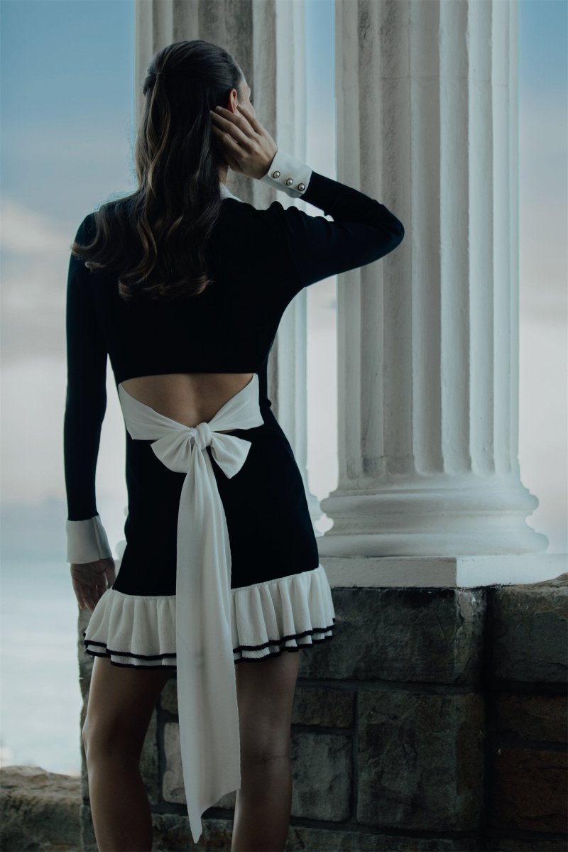 Alexia Contrast Ruffle Bow Mini Knit Dress - Women's Elegant Party Cocktail Dress for Date Night & Special Occasions