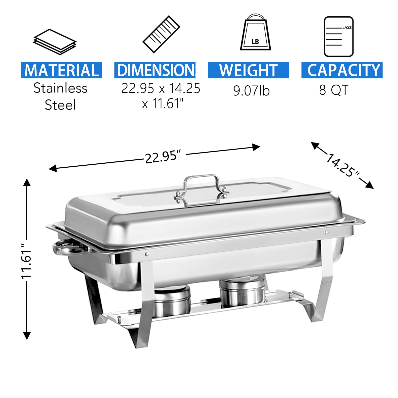 4-Pack Stainless Steel Buffet Chafing Dish Set - 8QT Food Warmer with Water Pan & Fuel Holders for Catering, Parties, Weddings, and Events - Perfect for Keeping Food Hot at Banquets, Buffets, and Large Gatherings