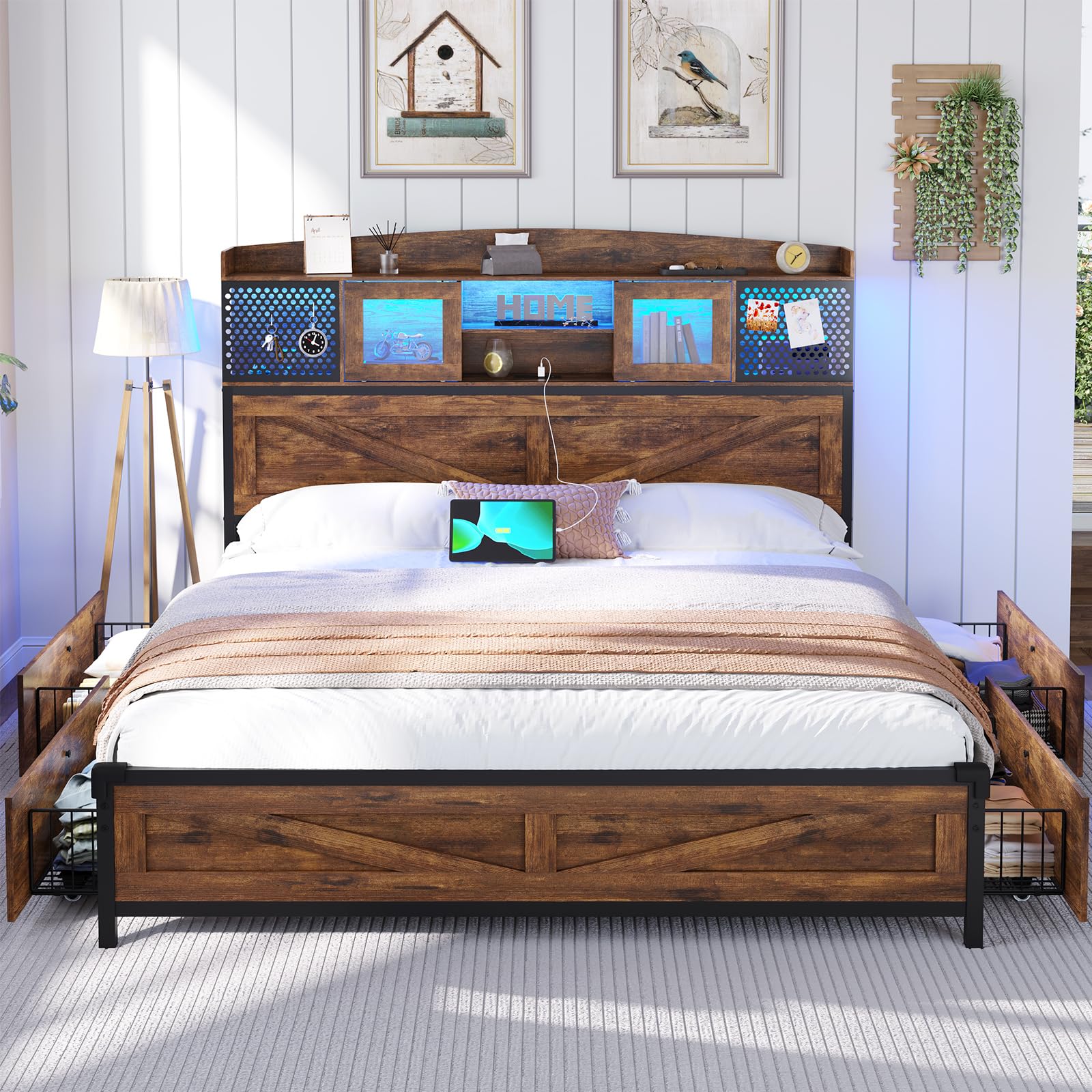 Farmhouse Queen Bed Frame with Storage Headboard & 4 Drawers - LED Lighting & USB Charging Station - Solid Wood Platform Bed with Metal Slats Support - No Box Spring Needed - Rustic Brown Finish - Perfect for Master Bedroom, Guest Room & Small Space Living
