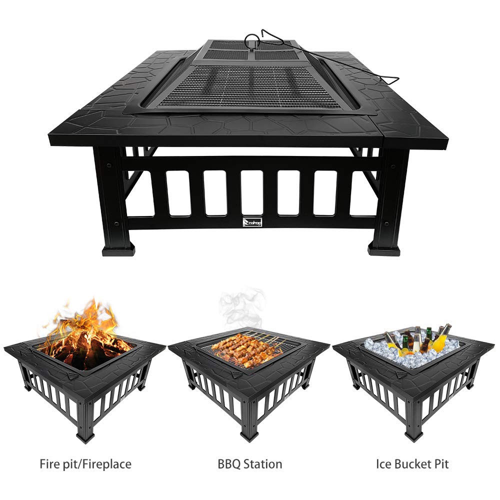 32 Inch Black Square Metal Fire Pit Table - Outdoor Wood Burning Firepit for Patio, Backyard, Camping - Perfect for Family Gatherings & Christmas Parties