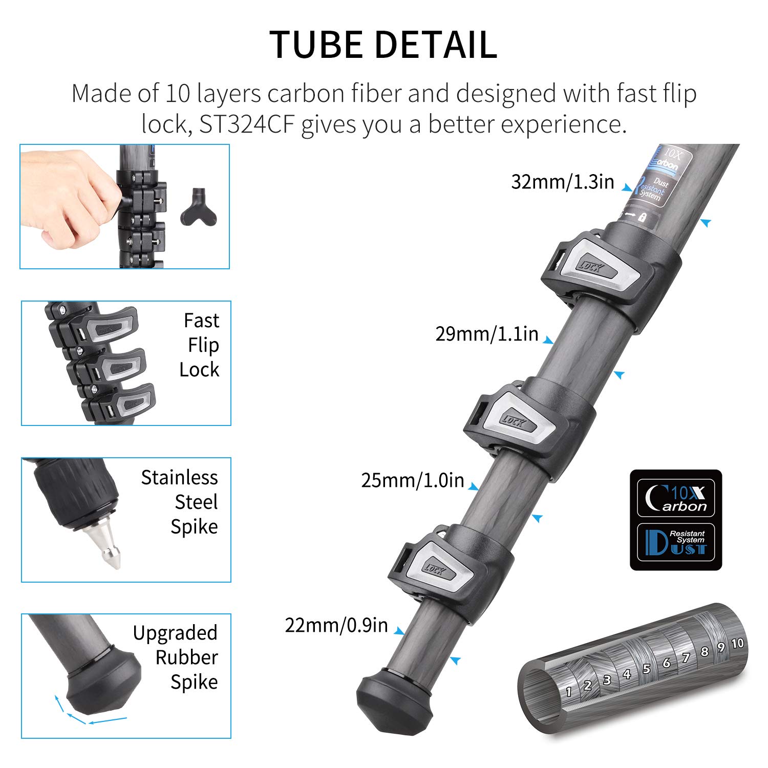 INNOREL ST324CF 32mm Carbon Fiber Tripod with Lever Lock - Heavy Duty Professional Camera Tripod Supports 30kg, 13-158cm Adjustable Height - Includes 58mm Bowl Adapter, Carry Bag & Camera Strap for Photography, Videography & Outdoor Shooting