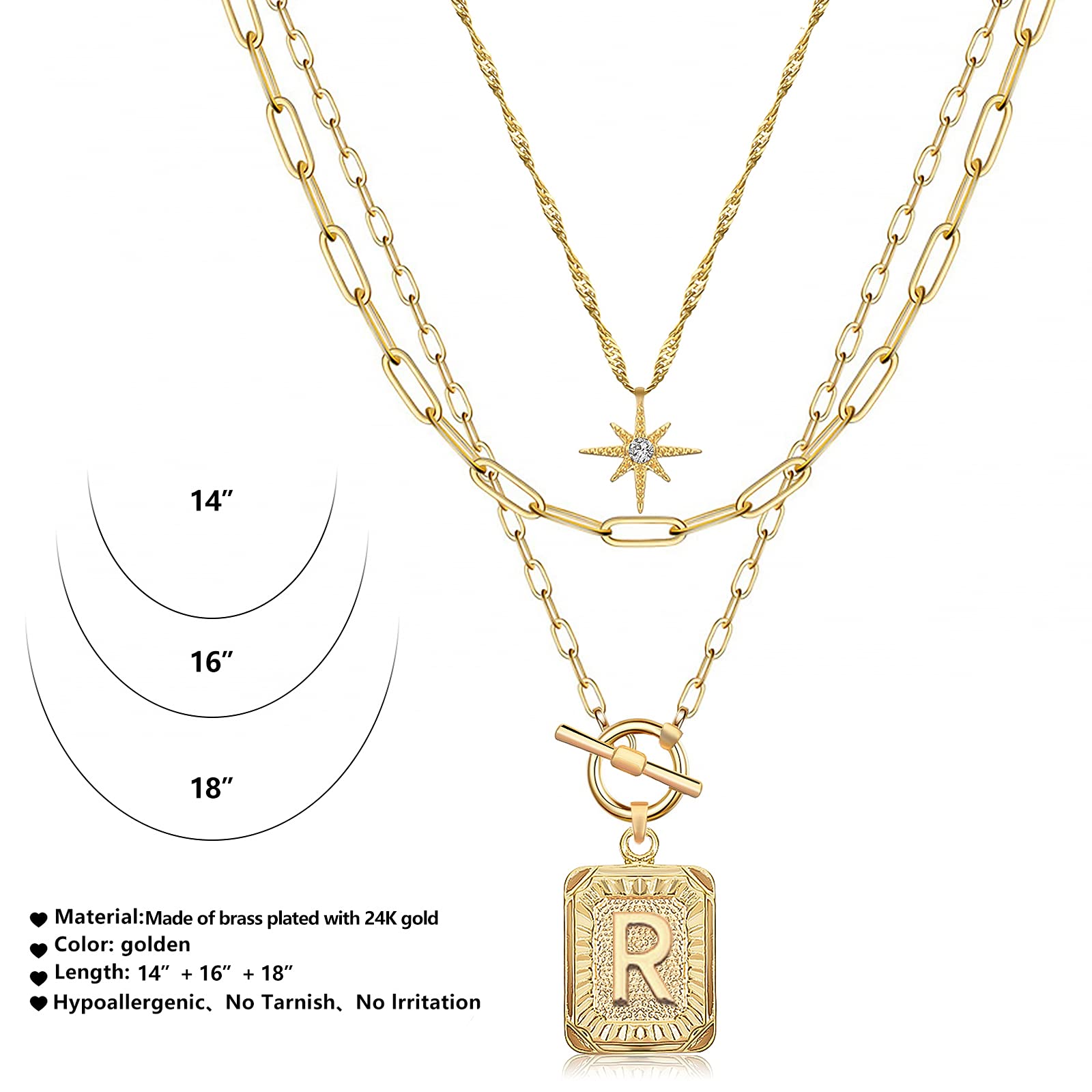 MJartoria 14K Gold Plated Layered Initial Necklace for Women - Trendy Star Choker with Square Letter Pendant & Paperclip Chain - Elegant Gold Necklace Jewelry Gift for Birthday, Anniversary & Valentine's Day