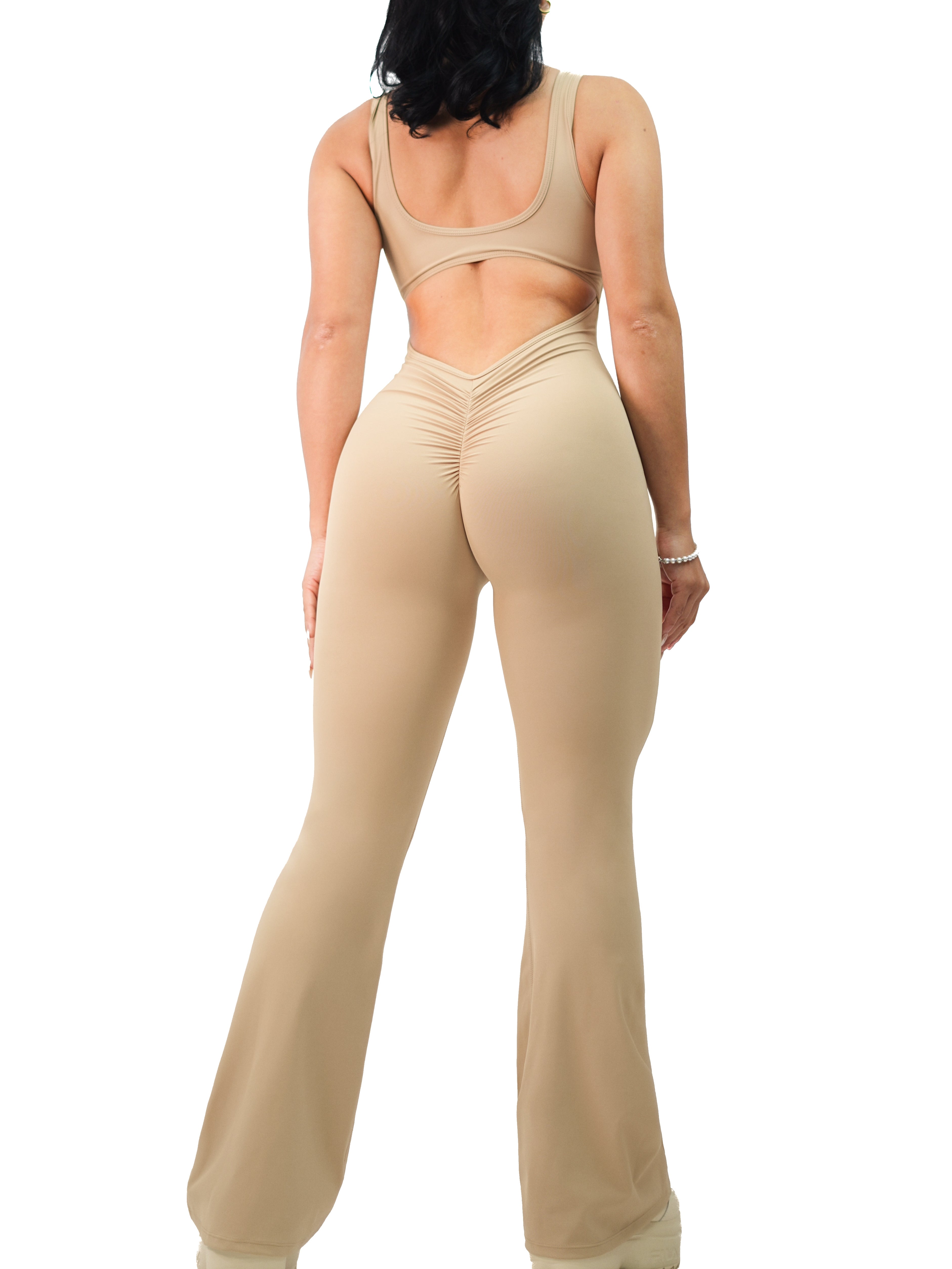 Flare Scrunch Jumpsuit for Women - Trendy High Waisted Wide Leg Romper (Latte Brown) - Perfect for Casual Outings, Date Nights & Summer Vacations