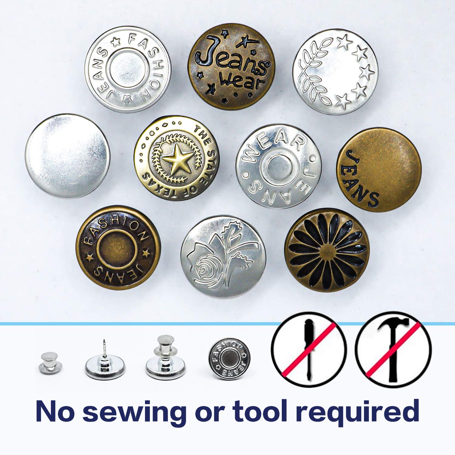 10 Pcs 17mm No Sew Jeans Buttons - Adjustable Metal Replacement Pants Buttons for DIY Crafts & Clothing Repair | Fashionable Button Pins for Jeans, Jackets, Denim & DIY Projects