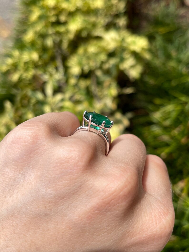 6.20ct 14K White Gold Natural Oval Cut Emerald Ring - East West Setting for Women, Elegant Jewelry Gift for Anniversary, Engagement, Wedding & Special Occasions