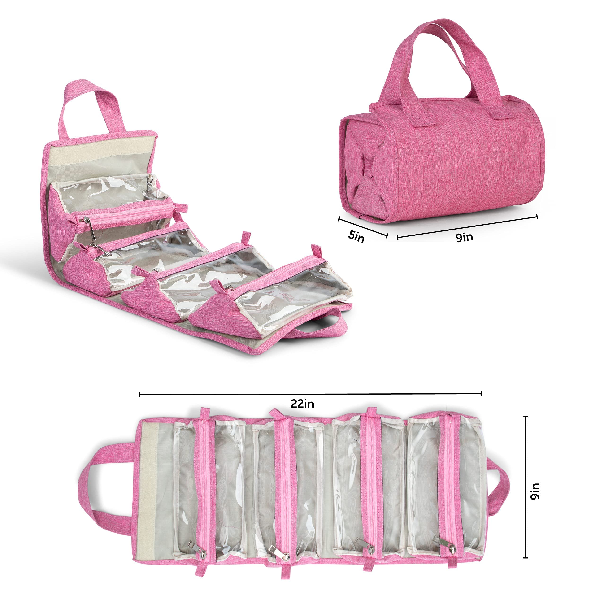 4-in-1 Hanging Toiletry Bag with Detachable PVC Pouches | Roll-Up Makeup Organizer for Travel | 600D Oxford Fabric Cosmetic Bag (Pink) - Perfect for Makeup, Skincare & Travel Essentials Organization