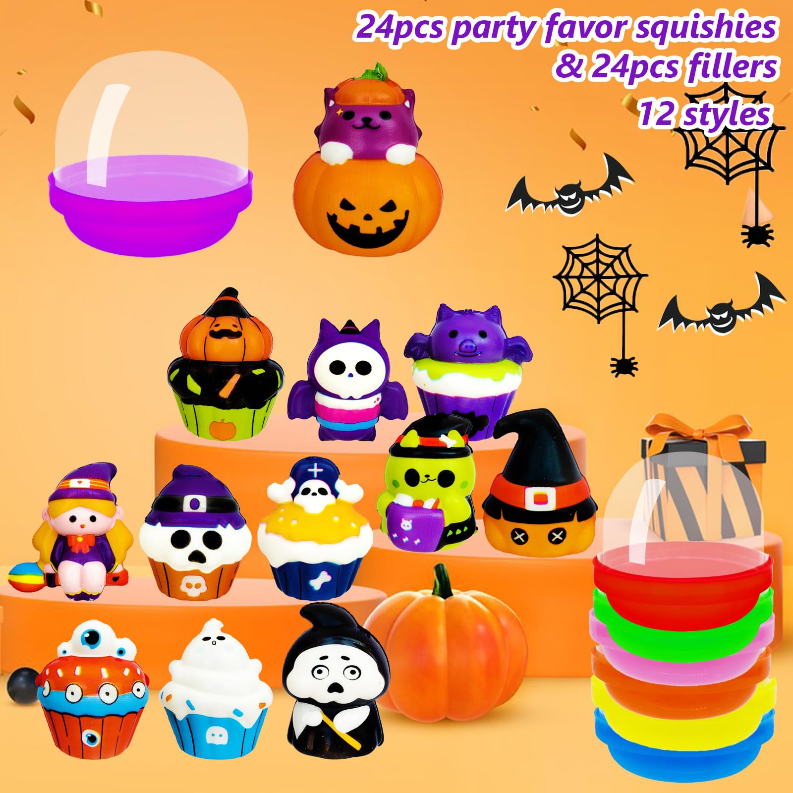 24 Pack Halloween Party Favors with Squishy Toys - Slow Rising Stress Relief Toys for Kids, Birthday Gifts, Classroom Prizes & Goodie Bag Fillers - Perfect for Parties, School Events & Stress Relief Fun