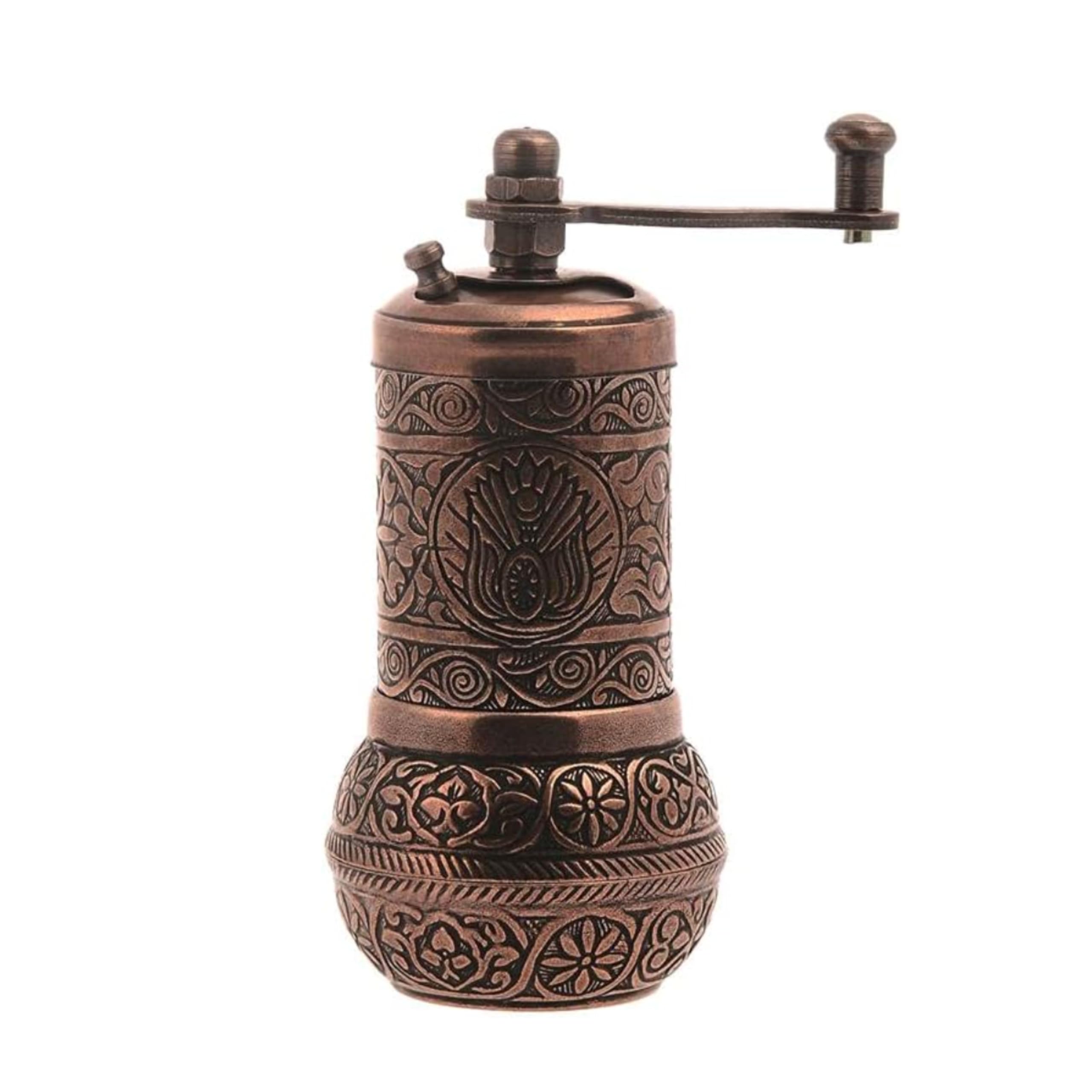 LaModaHome Antique Copper Manual Coffee Grinder - Hand Mill for Turkish, Greek & Arabic Coffee Beans, Spices, Pepper & Salt - Brass Construction - Perfect for Home Brewing, Camping & Gifts