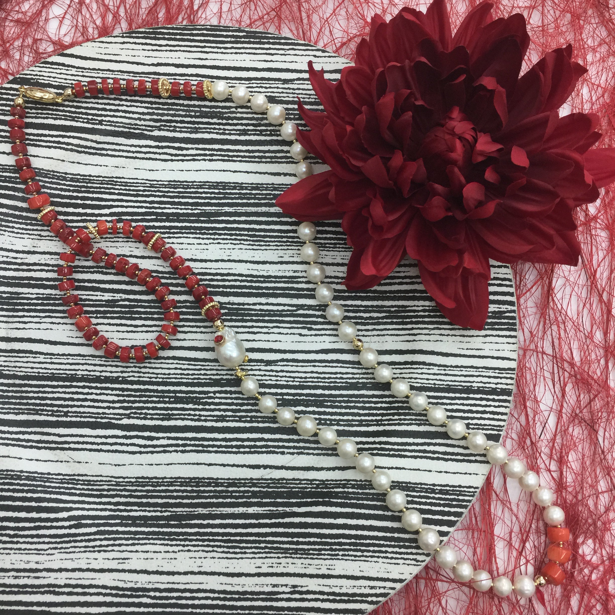 Elegant Freshwater Pearls & Red Coral Multi-Way Adjustable Necklace AN019 - Perfect for Weddings, Parties & Special Occasions