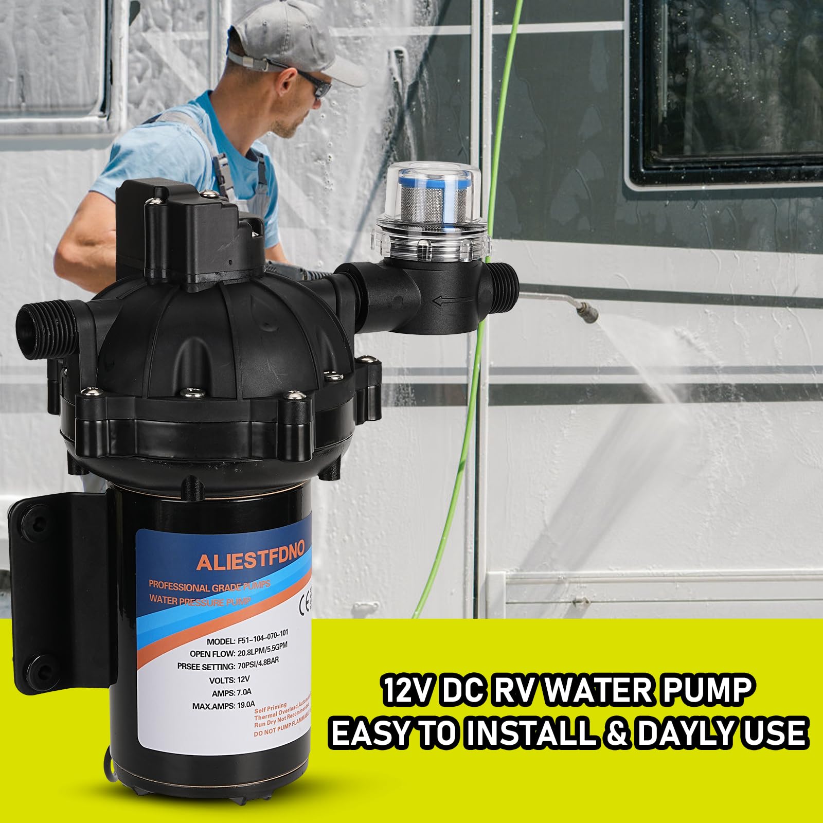 12V DC RV Fresh Water Pump - 6.5GPM 70PSI Heavy Duty Diaphragm Pump with Self-Priming & Pressure Switch for RV, Marine, Camping | Perfect for Caravan Water Systems, Yacht Plumbing & Off-Grid Living