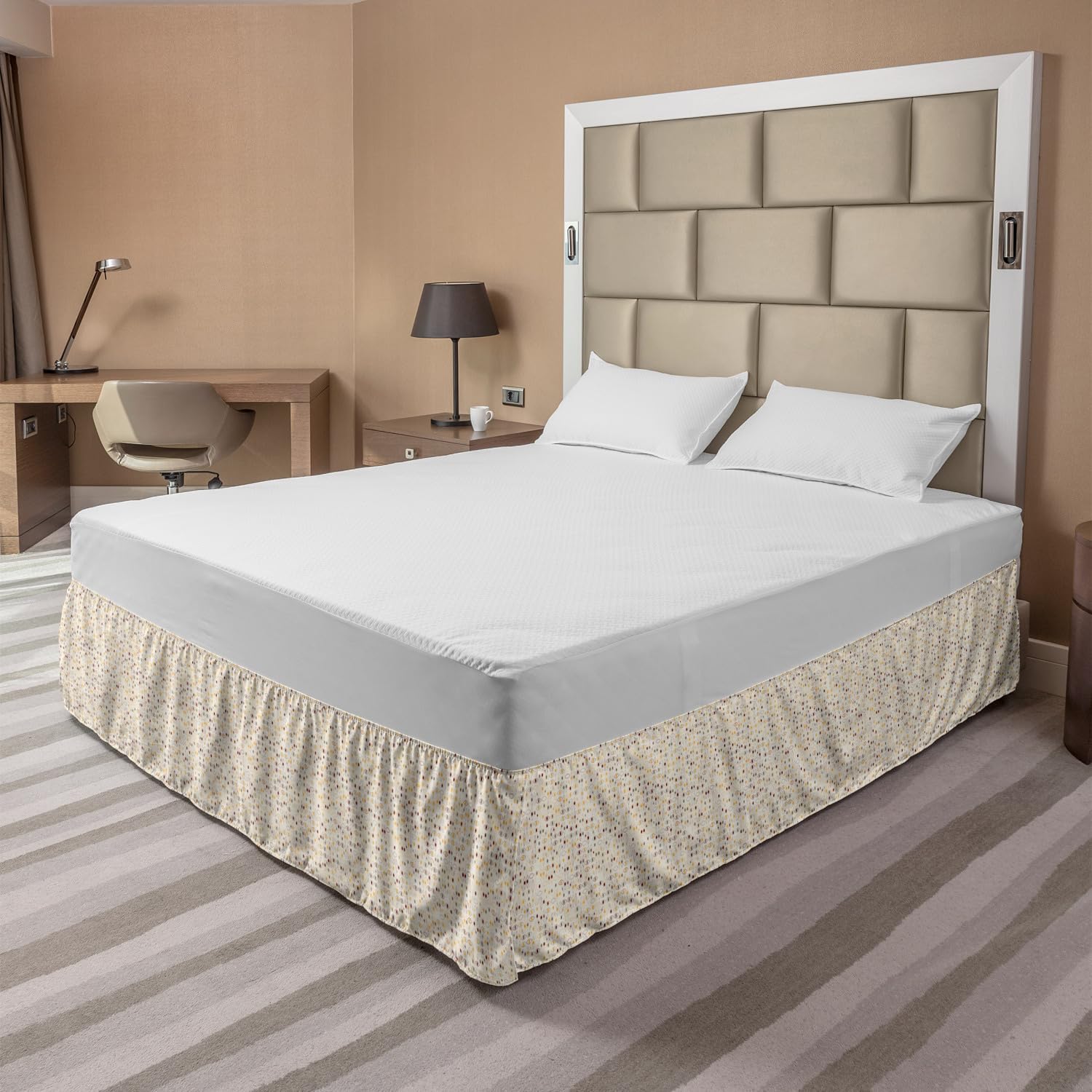Ambesonne Abstract Elastic Bed Skirt - Geometric Eye & Circular Mini Design, Wrap Around Fabric Dust Ruffle for King Size Beds (Eggshell Maroon) | Perfect for Modern Bedroom Decor & Guest Room Styling