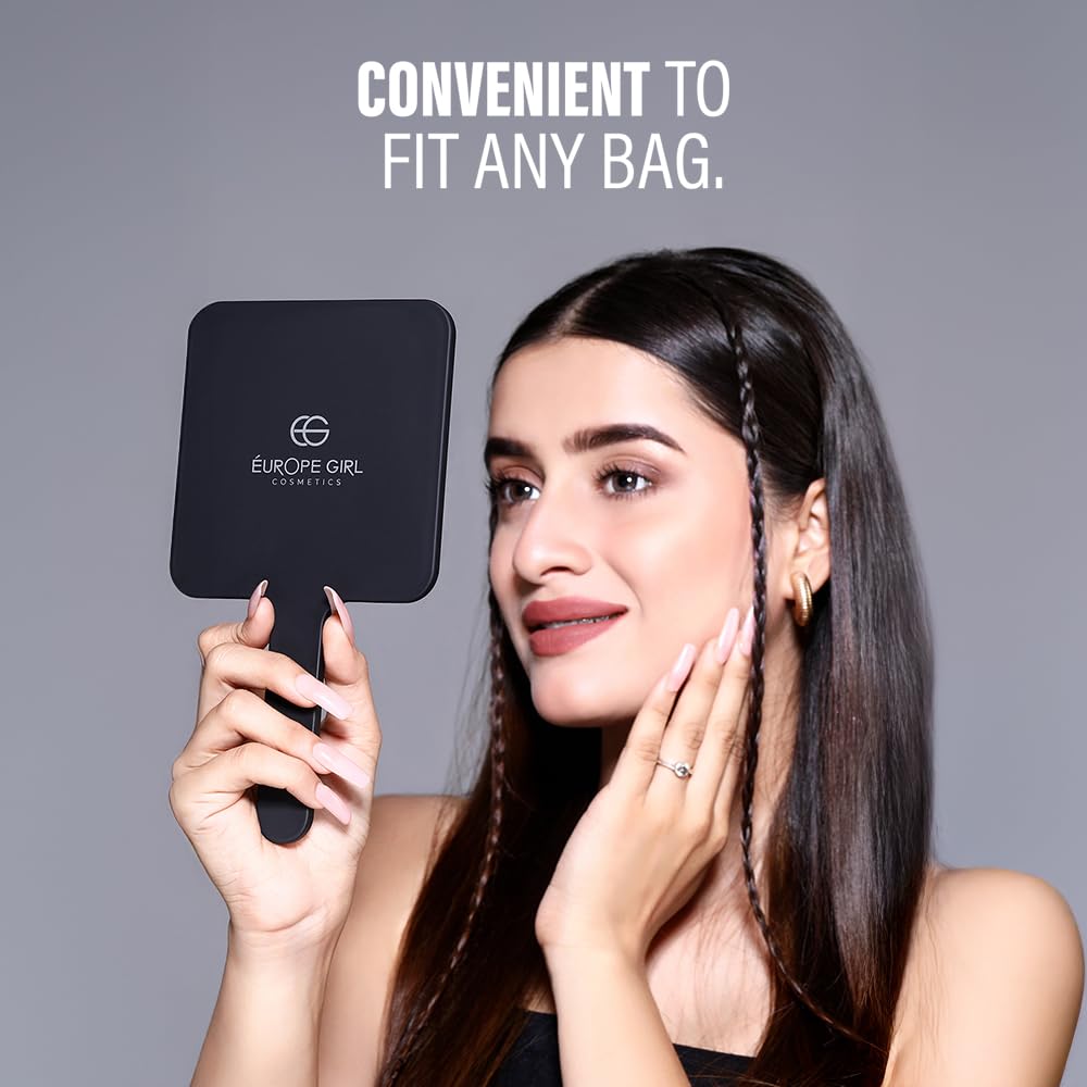 European Style Hand Mirror for Women - Lightweight & Compact Square Makeup Mirror in Black - Perfect for Travel, Home, and Professional Makeup Application