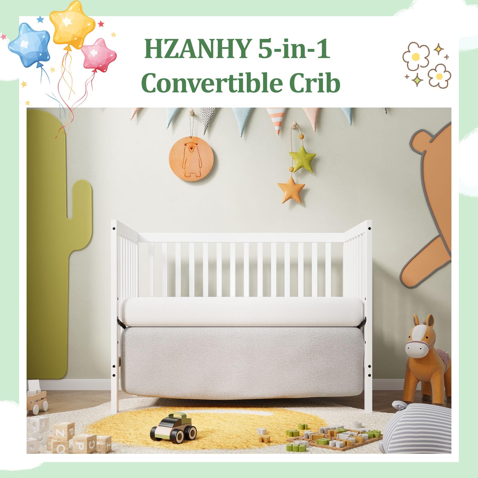 5-in-1 Convertible Baby Crib to Toddler Bed, Daybed & Full Size Bed Frame - White Nursery Furniture for Newborn & Growing Kids (Mattress Not Included) | Perfect for Nursery Rooms, Daycare Centers & Small Bedrooms