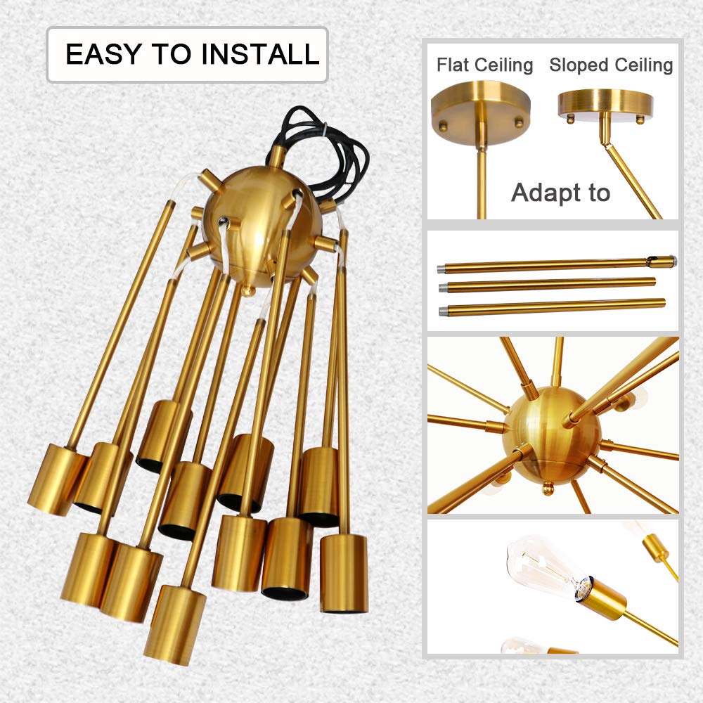 LynPon Gold Sputnik Chandelier - 12-Light Modern Adjustable Height Ceiling Fixture in Plated Gold for Dining Room, Living Room, Entryway, Foyer, Kitchen & Bedroom - Elegant Lighting for Home Decor and Special Occasions
