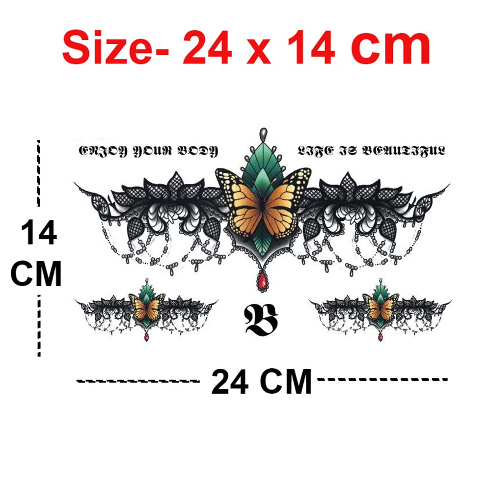 Waterproof Butterfly & Black Lace Temporary Tattoos for Chest, Waist, Back - 24x14cm Fake Tattoo Stickers for Men & Women - Perfect for Parties, Halloween, Cosplay & Body Art