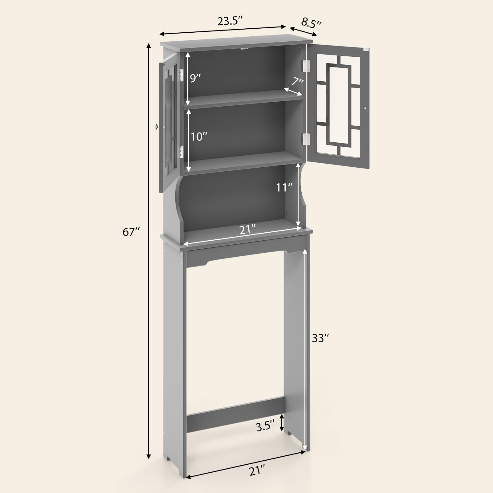 Over The Toilet Storage Cabinet - Wooden Bathroom Organizer with Adjustable Shelves, Double Doors & Open Storage - Space Saving Freestanding Toilet Rack Unit (Gray) - Perfect for Small Bathrooms, Apartments & Dorm Rooms