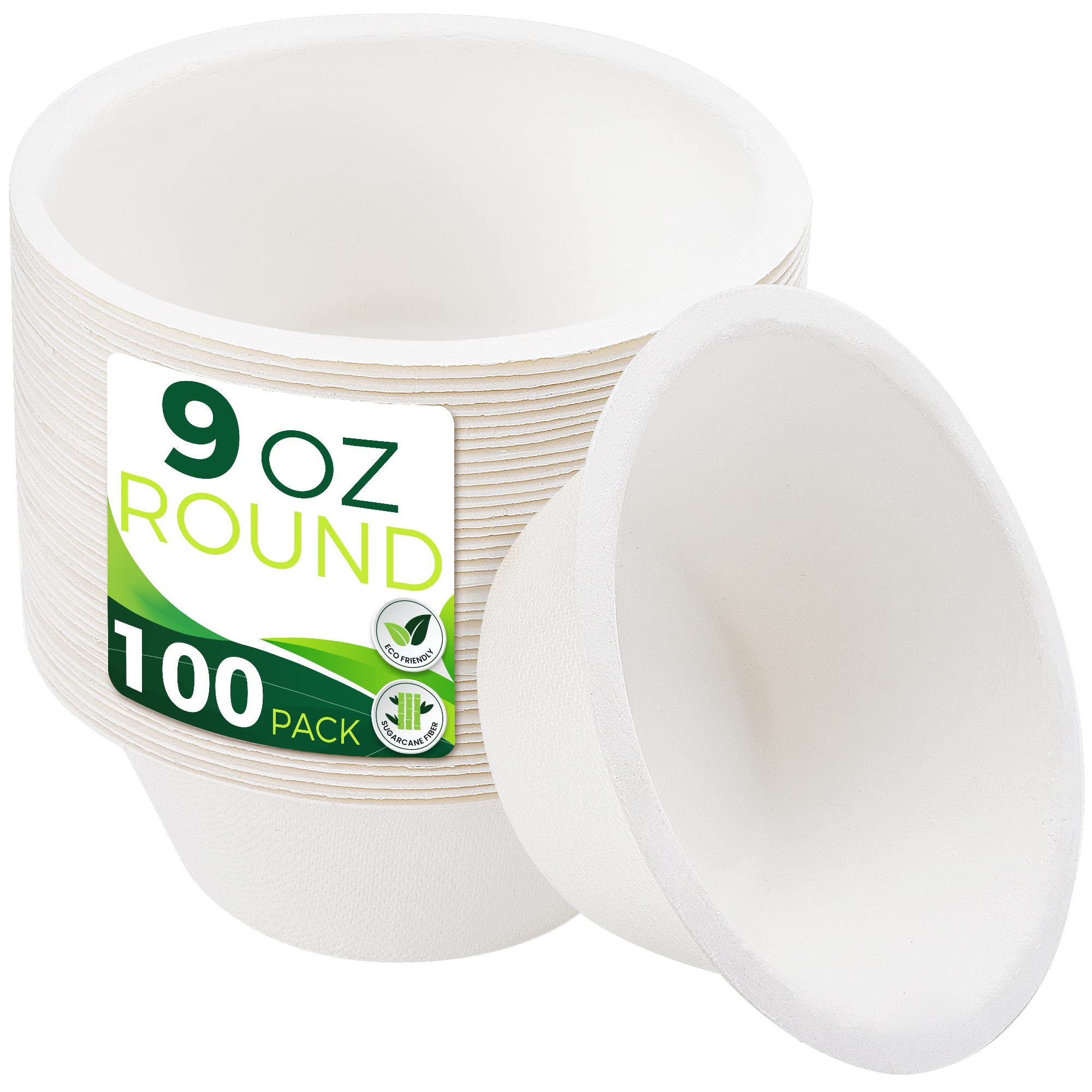 9oz Heavy Duty Disposable Paper Bowls [100-Pack] - 100% Compostable Eco-Friendly Bagasse Bowls for Dips, Sauces, Fruits & Snacks | Perfect for Parties, Picnics, Catering & Takeout