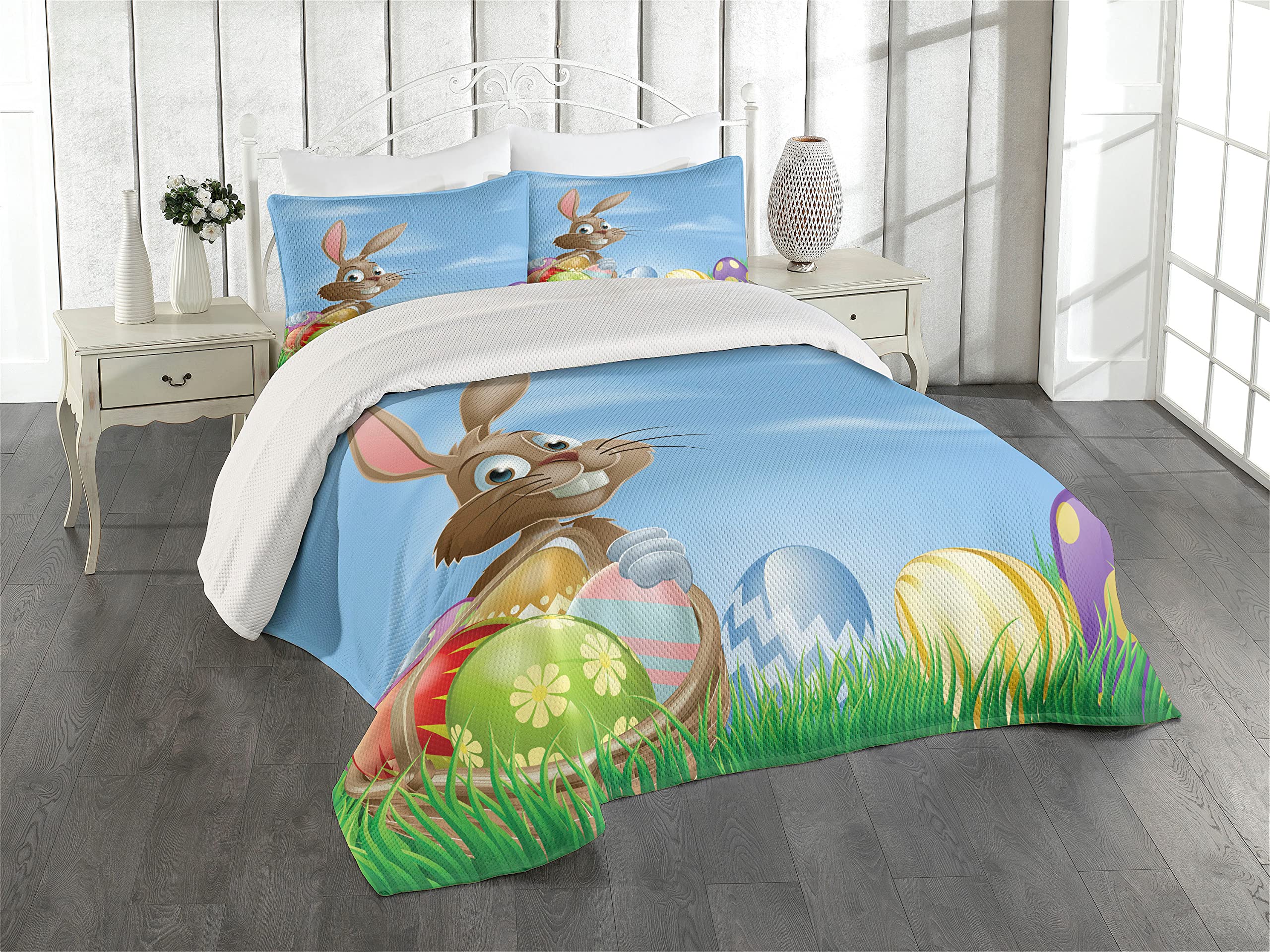 Ambesonne Easter Quilt Set - King Size 3-Piece Bedspread with 2 Pillow Shams, Colorful Cartoon Bunny & Painted Egg Design, Chevron Stripes Pattern - Perfect for Spring Bedroom Decor & Holiday Gift