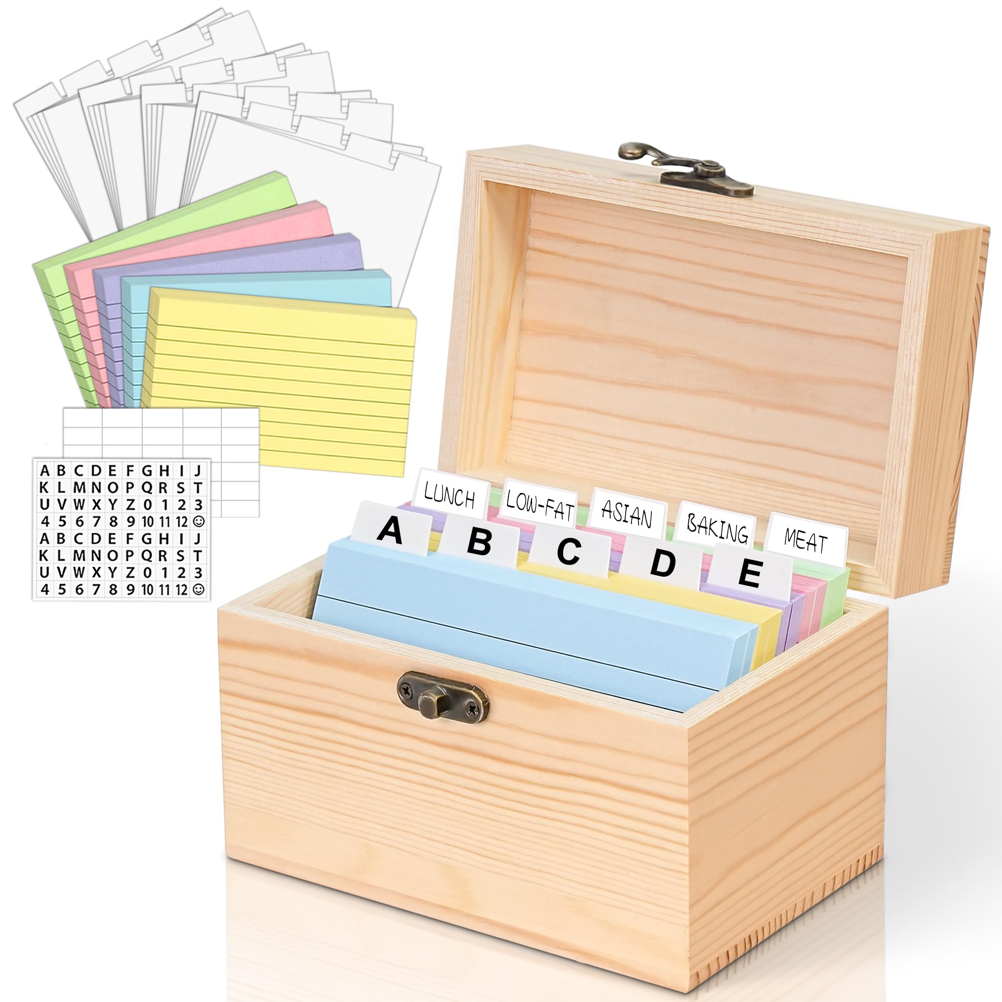 Premium 3x5 Index Card Holder - 100 Pcs Heavy Duty Wooden Organizer Box with 30 Dividers, Blank & Letter Stickers - Perfect for Business Cards, Recipes, Flash Cards & Office Organization