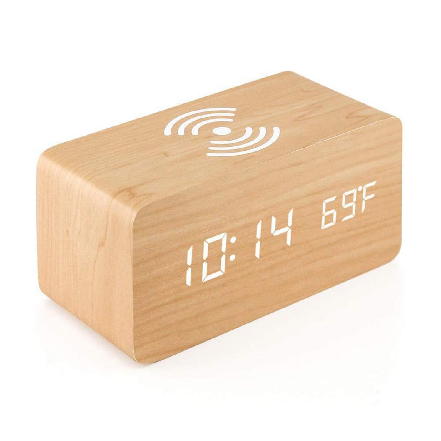 HOHOVYVY Digital Alarm Clock with 10W Fast Wireless Charger for iPhone & Android - USB Charging Port, Dimmable LED Display, Battery Backup & Speaker - Wooden Bedside Clock for Home, Office & Travel (White)