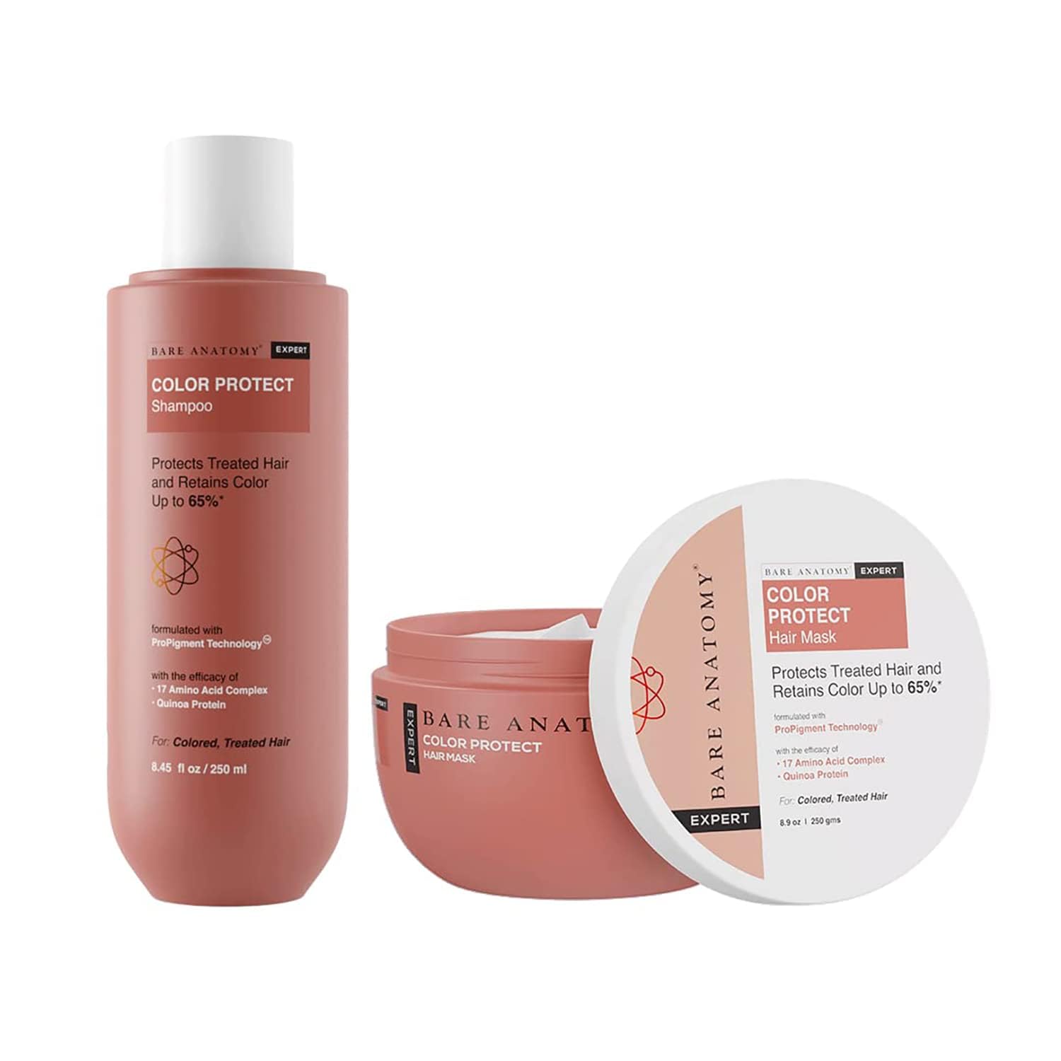 Bare Anatomy Color Protect Shampoo & Hair Mask Kit for Colored & Treated Hair - 8 Weeks Protection with 17 Amino Acid Complex & Quinoa Protein - Hydrates Dry, Frizzy Hair (250ml + 250g) - Perfect for Salon-Color Maintenance & Damaged Hair Repair at Home