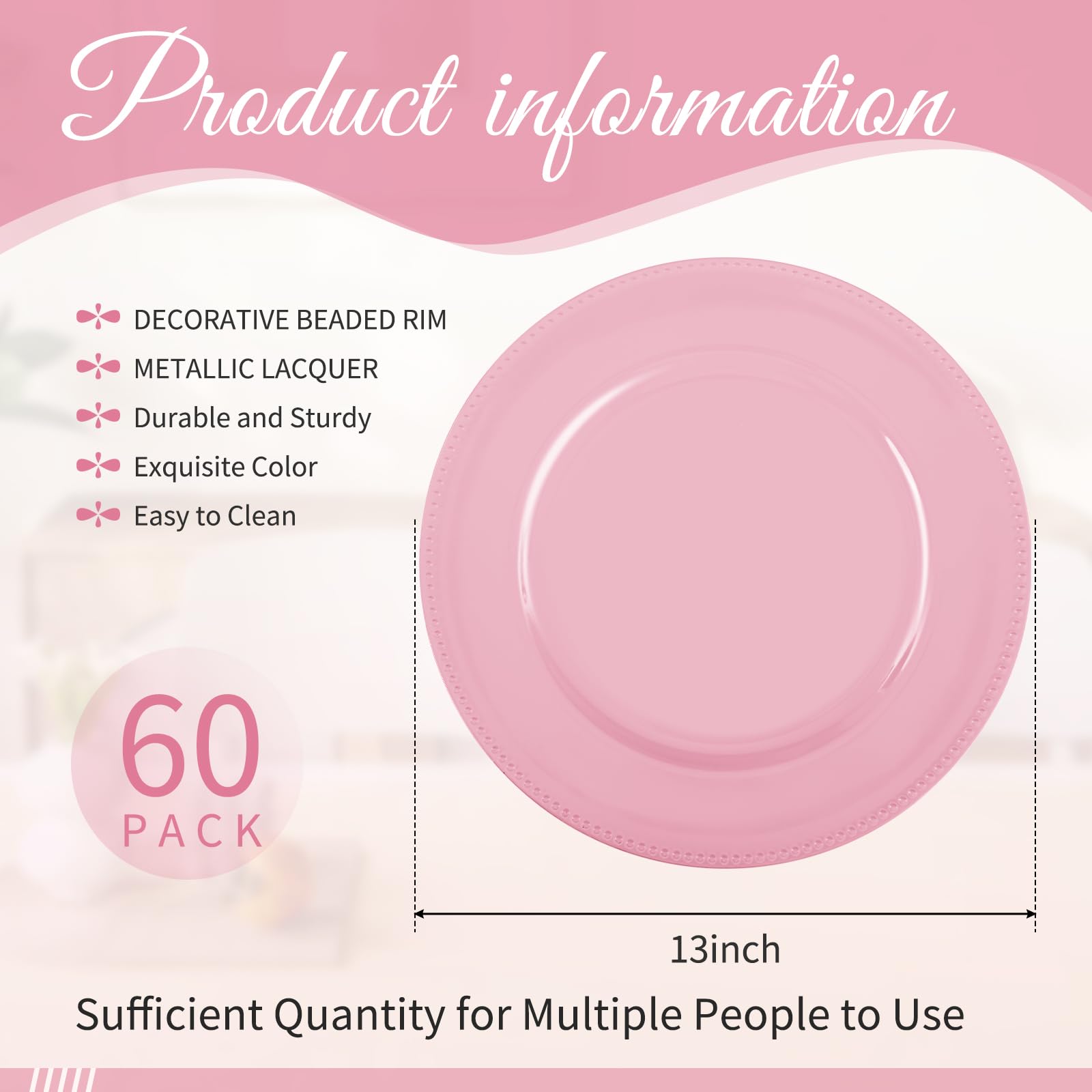 YMHPRIDE 60 Pack Pink Plastic Reusable Dinner Charger Plates, 13'' Round Beaded Chargers for Elegant Dining - Perfect for Weddings, Formal Events, Bridal Showers, Banquets & Home Decor