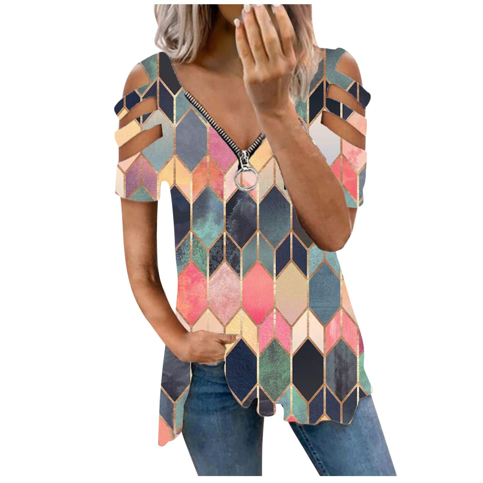 Sexy Women's Leopard Print Deep V-Neck Zipper Hollow Out Blouse - Summer Casual Flowy T-Shirt Tops for Women | Perfect for Beach Outings, Date Nights & Party Wear