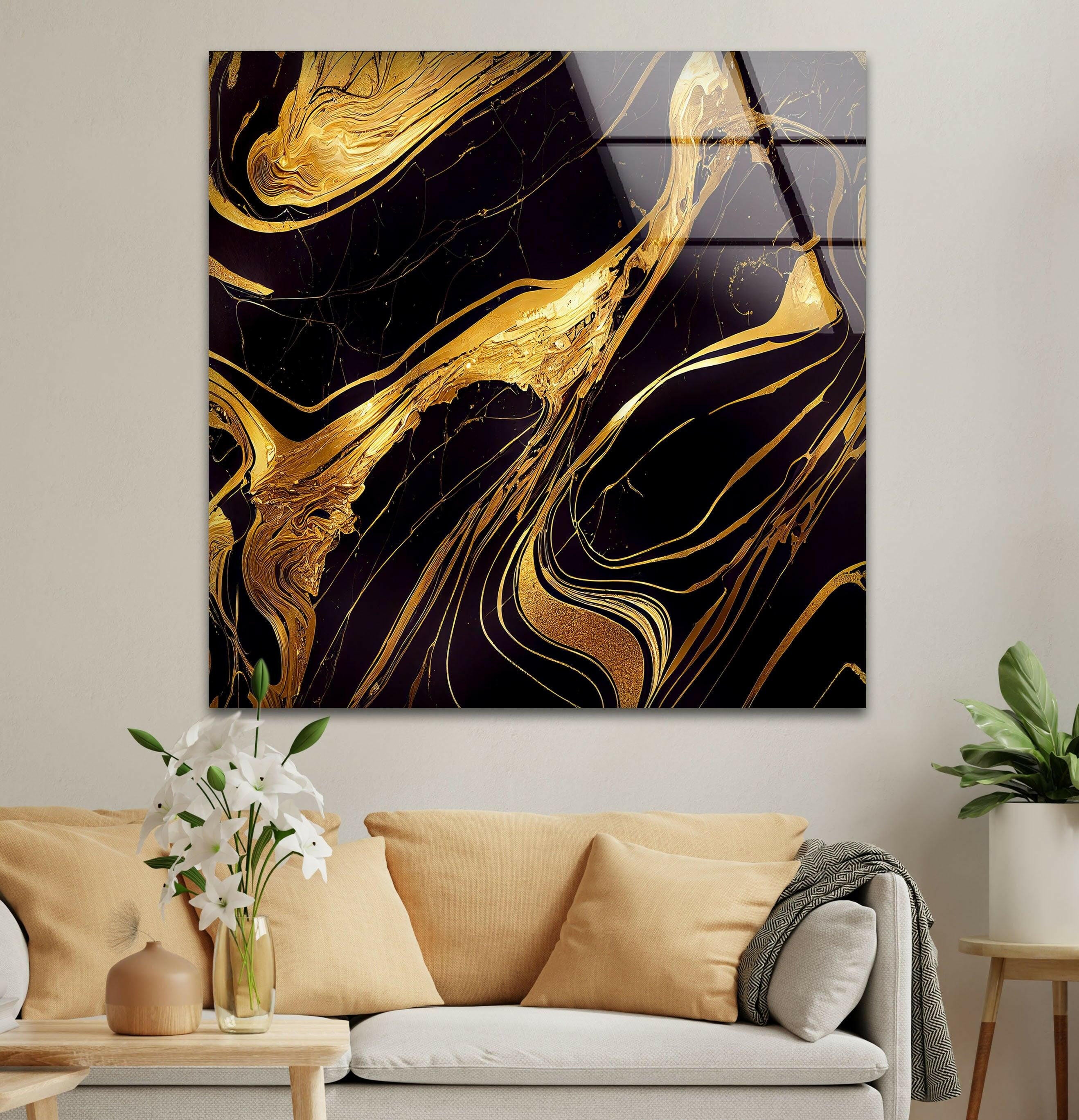 Abstract Glass Wall Art with Gold Ink - Modern Black Home Decor for Living Room, Bedroom & Office