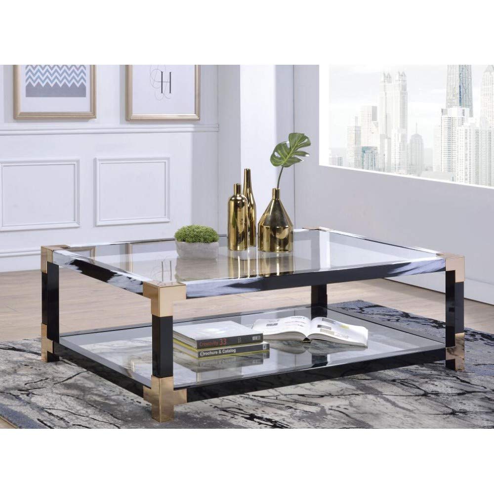 Modern White Rectangle Coffee Table with Glass Top & Open Shelf - Industrial Design Metal Legs Sofa Table for Living Room, 54 Inches - Perfect for Lounge, Office & Small Spaces