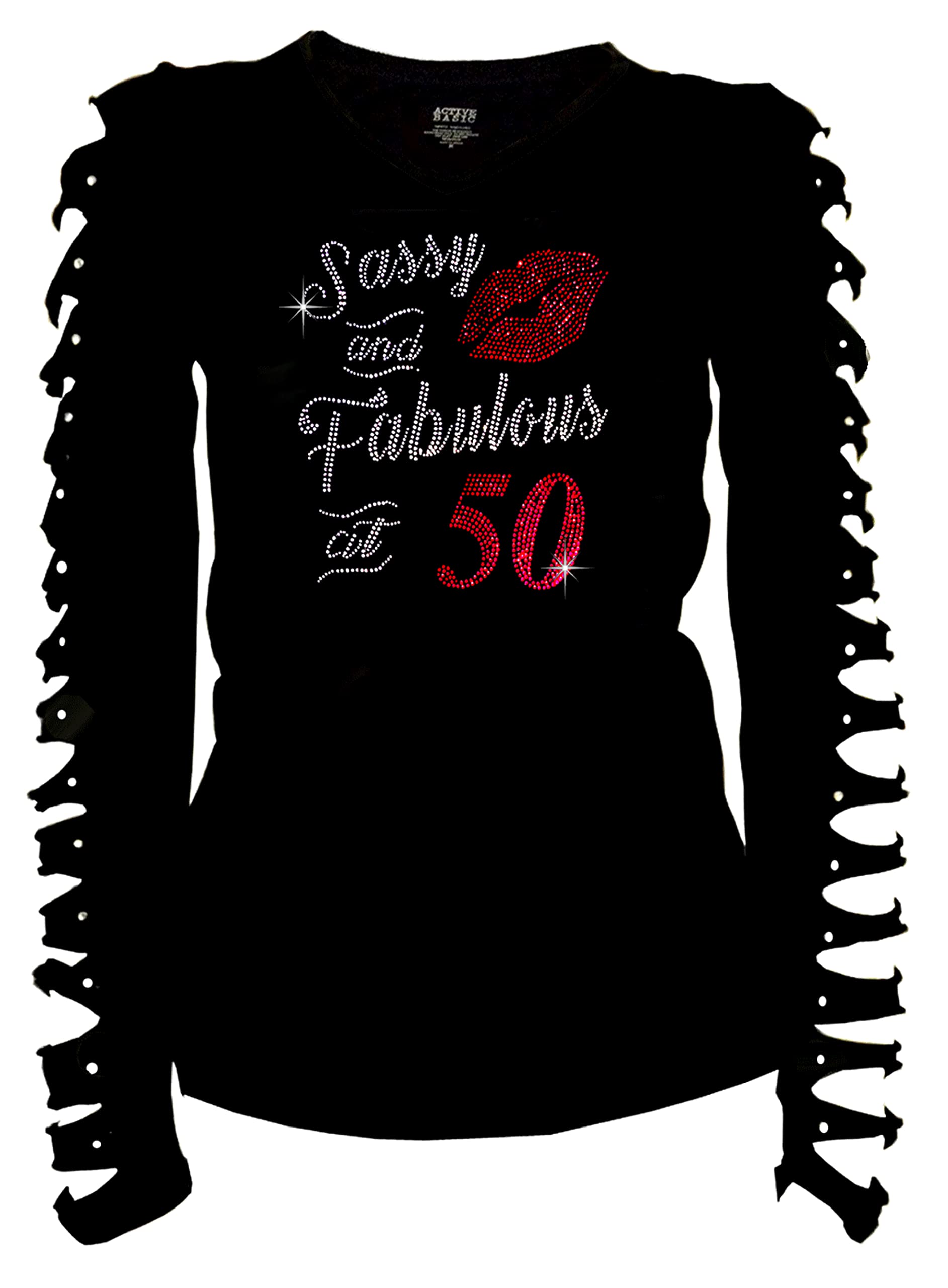 50th Birthday T-Shirt for Women - 'Sassy & Fabulous at 50' Rhinestone Graphic Top with Ripped Cut Out Design | Cute & Sexy Party Outfit for Birthday Celebrations, Girls Night Out