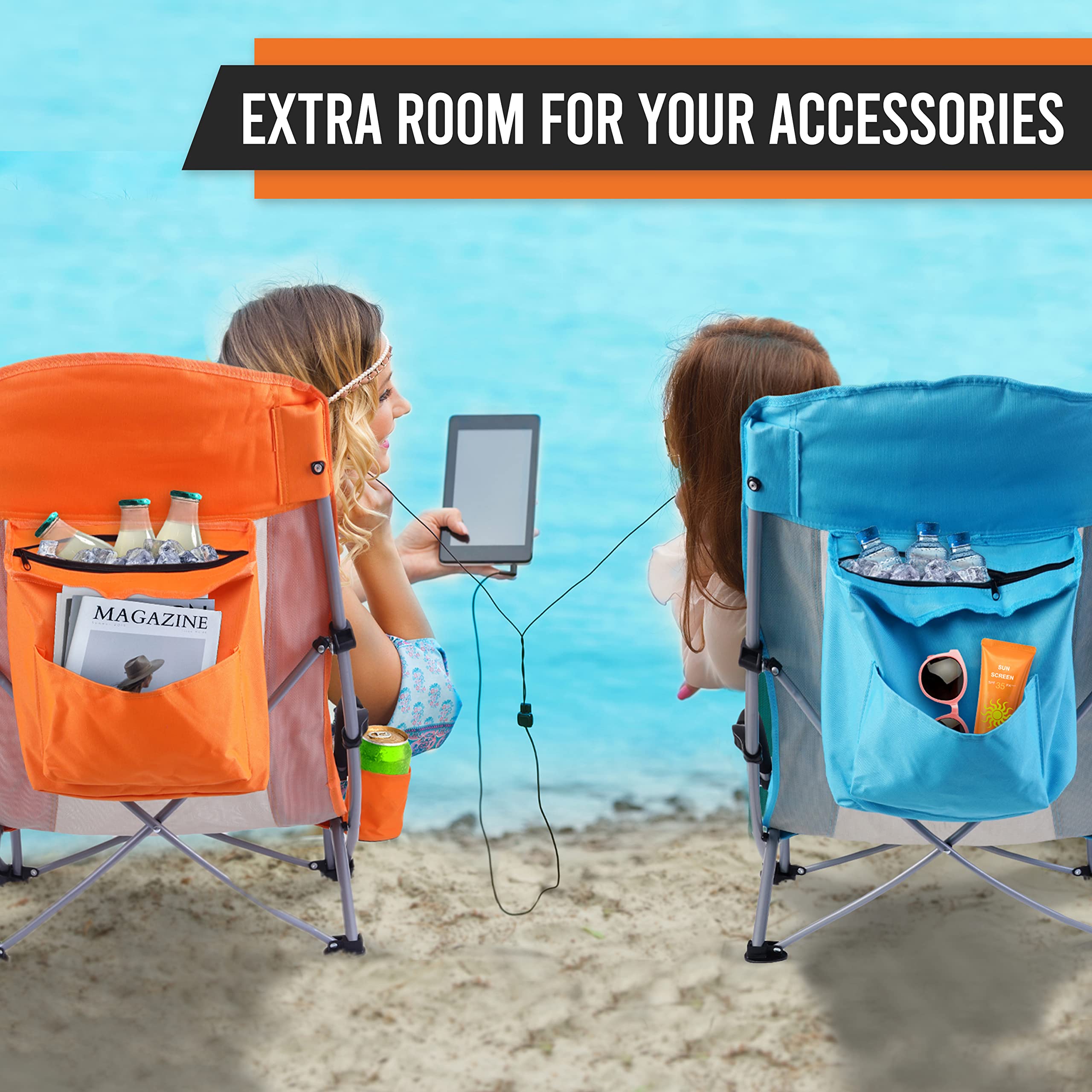 Premium 2-Pack High Back Beach Chairs for Adults with Cooler, Cup Holder & Carry Bag - Heavy Duty Portable Folding Chairs for Outdoor, Camping, BBQ, Travel, Picnic, Festival (Orange) - Perfect for Beach Relaxation, Backyard Lounging & Summer Adventures