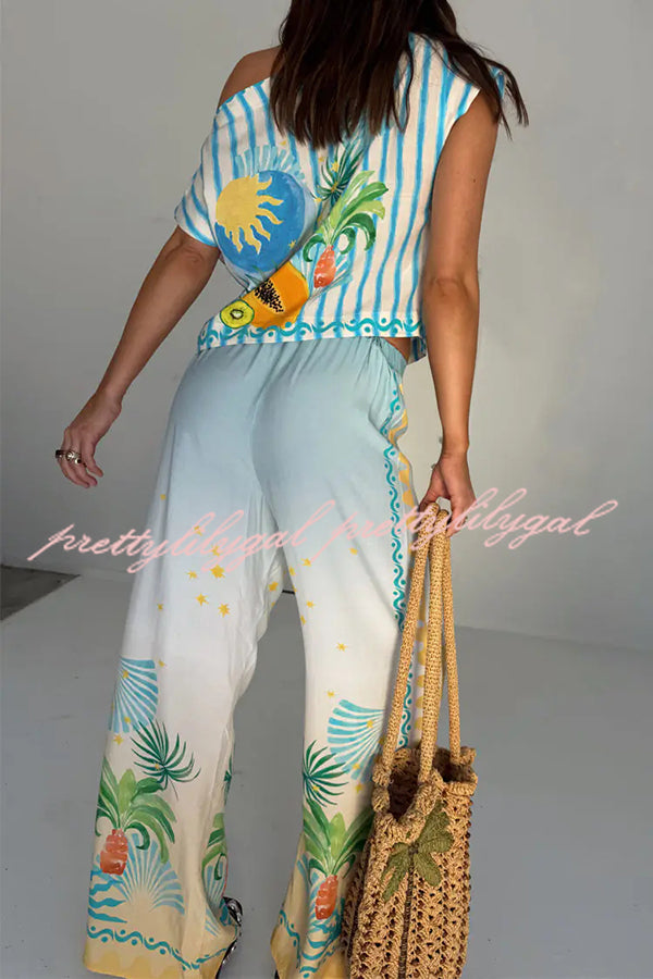 See You in Rio Tropical Fruits Print High Rise Elastic Waist Wide Leg Pants - Women's Summer Casual Beach Pants for Vacation, Tropical Party & Lounge Wear