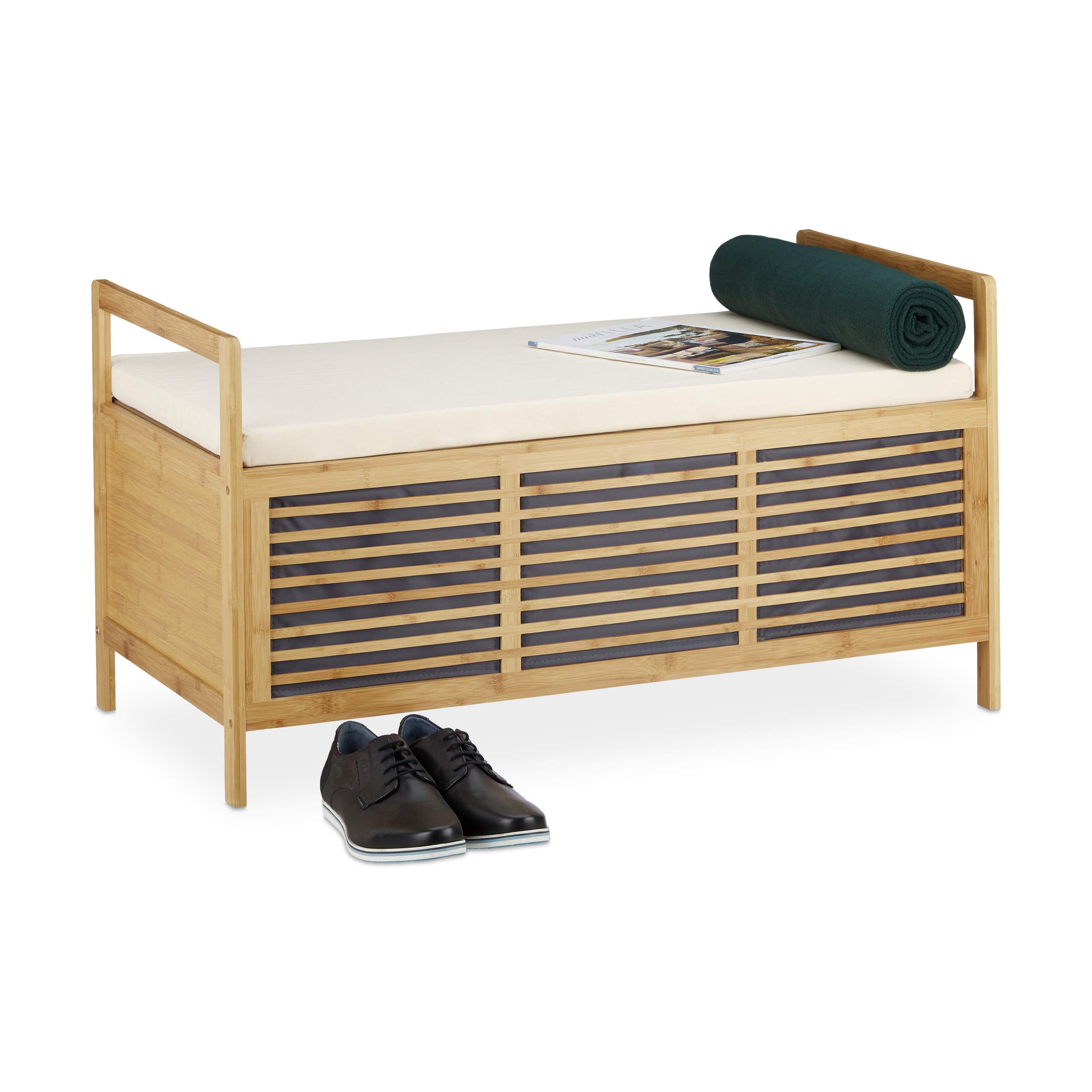 Bamboo Storage Bench with Cushion - 50 x 93 x 48 cm Brown Foam Seat - Multi-Functional for Bathroom, Hallway, Living Room & Bedroom - Perfect for Entryway Seating, Shoe Storage & Home Organization
