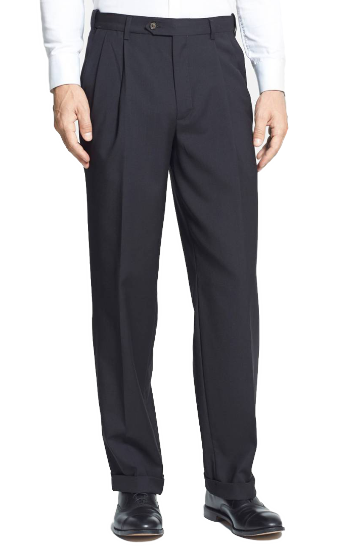 Premium Polyester Wool Tropical Fabric Self-Sizing Pleated Pants with Long Rise - Perfect for Business Casual, Office Wear & Smart Evening Outfits