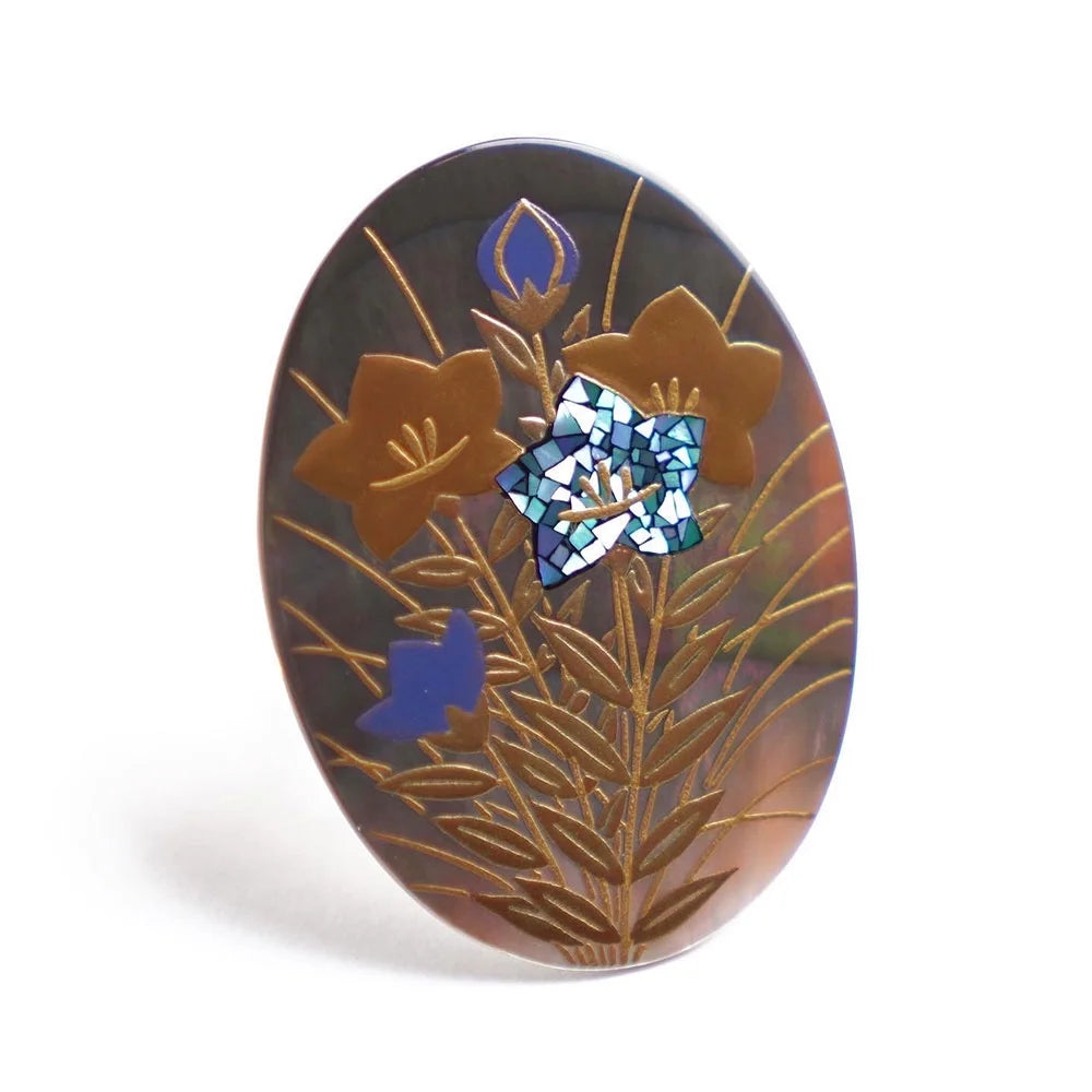 Handmade Maki-e Urushi Lacquer Brooch - Black Lip Pearl & Bellflower Design | Traditional Japanese Lacquer Jewelry for Women | Perfect for Kimono, Formal Wear & Special Occasions