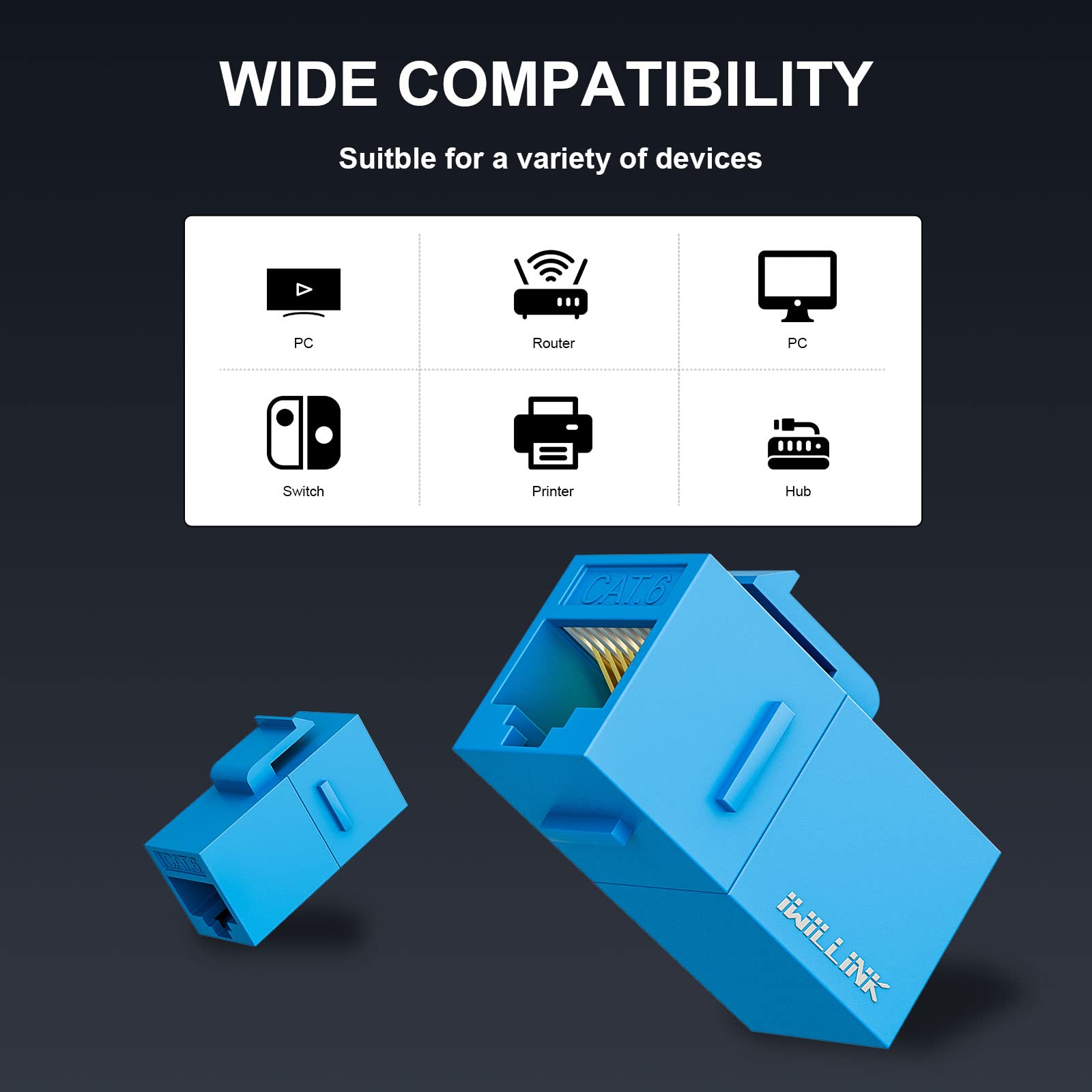 iWillink RJ45 Cat6 Keystone Coupler 25-Pack - Female to Female Ethernet Coupler for High-Speed Network Connections - UTP Keystone Jack Insert for Home, Office & Data Center Wiring (Blue)