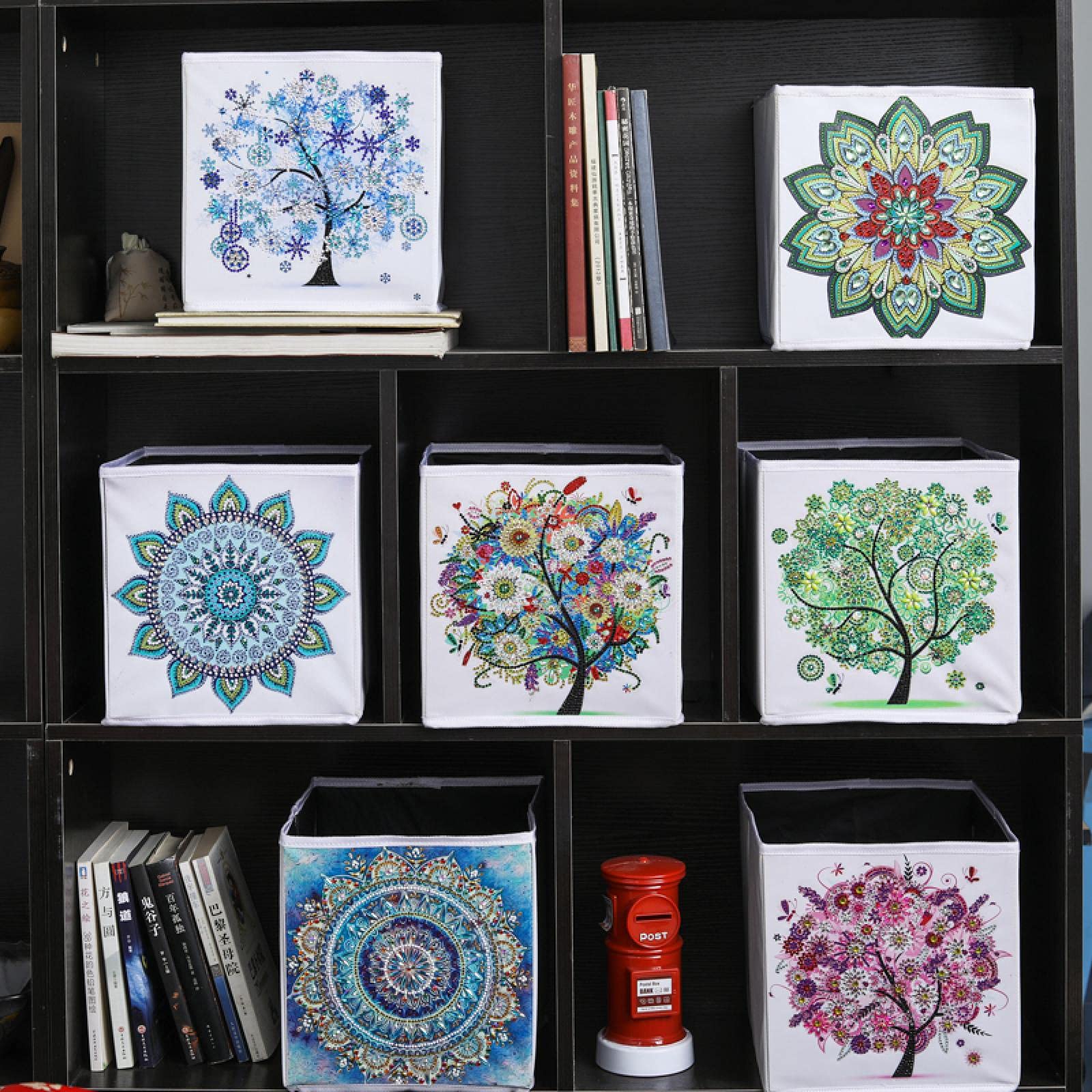 7PCS DIY Tree & Mandala Diamond Painting Storage Cubes - PU Leather Foldable Organizer Boxes for Embroidery, Cross Stitch Supplies, Cabinet & Bookcase Organization - Perfect for Craft Room, Bedroom & Home Drawer Storage