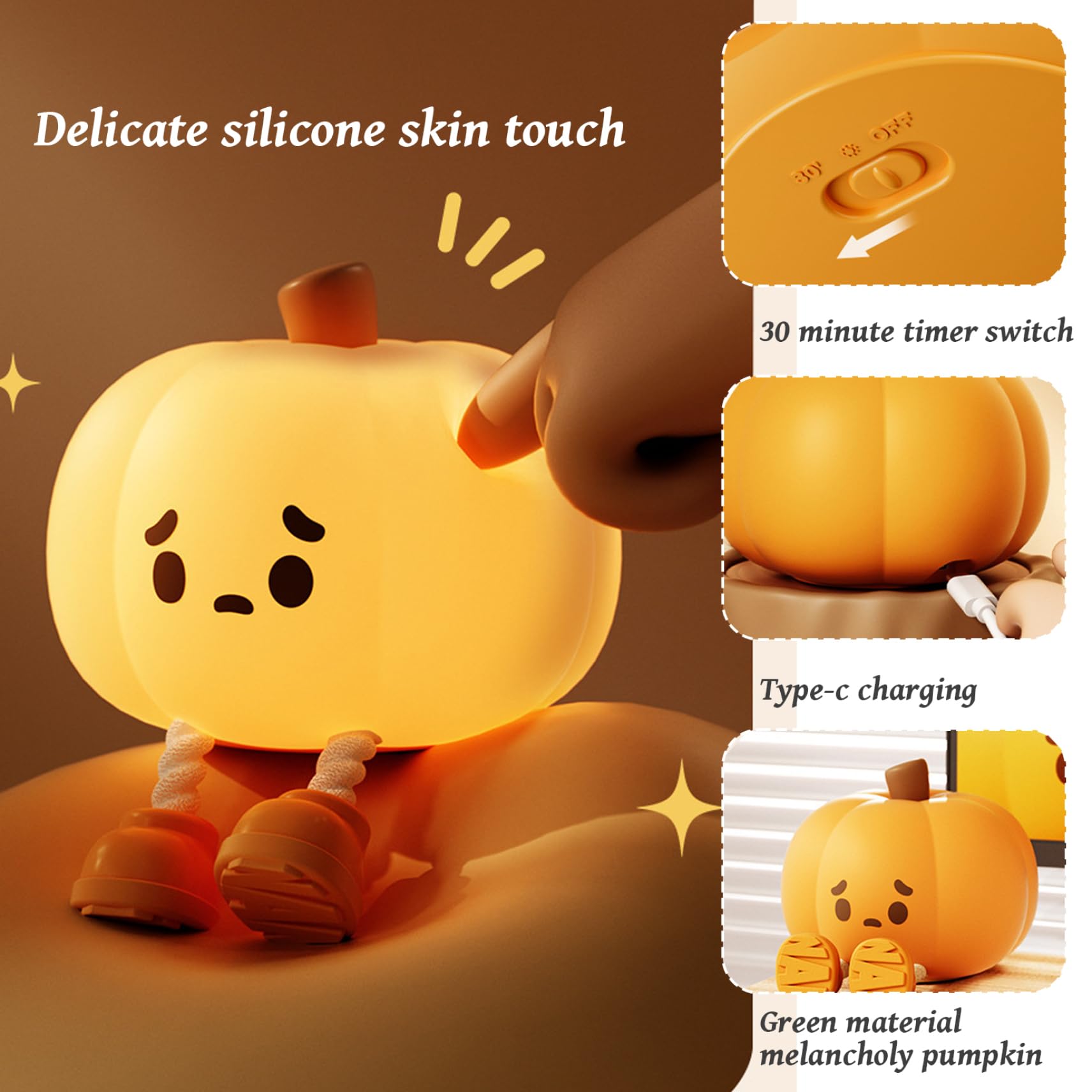 SWEETBIUTI USB Rechargeable Pumpkin Night Light - 3 Brightness Levels, 30-Min Timer, Touch Control - Soft Silicone Halloween Decor for Kids Bedroom, Nursery, Party - Perfect for Halloween, Christmas & Cozy Nighttime Ambience