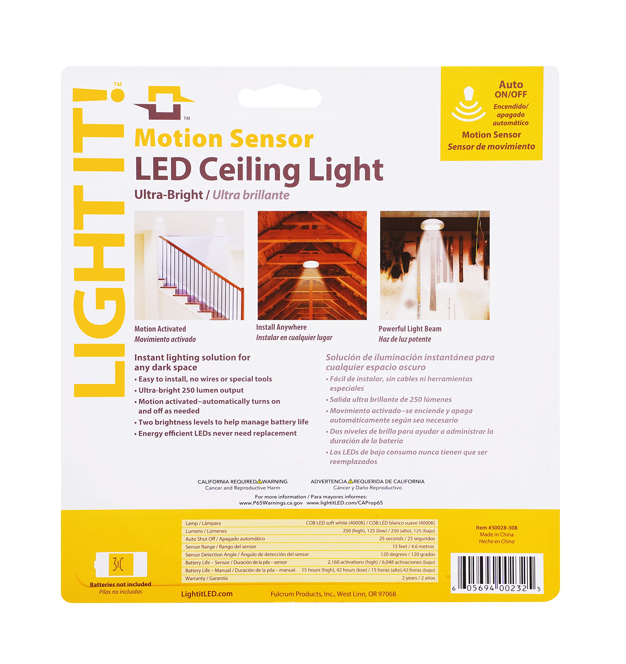 Fulcrum 30028-308 Motion Sensor LED Ceiling Light - White, Energy Saving Automatic Light for Hallway, Closet & Staircase (Single Pack)