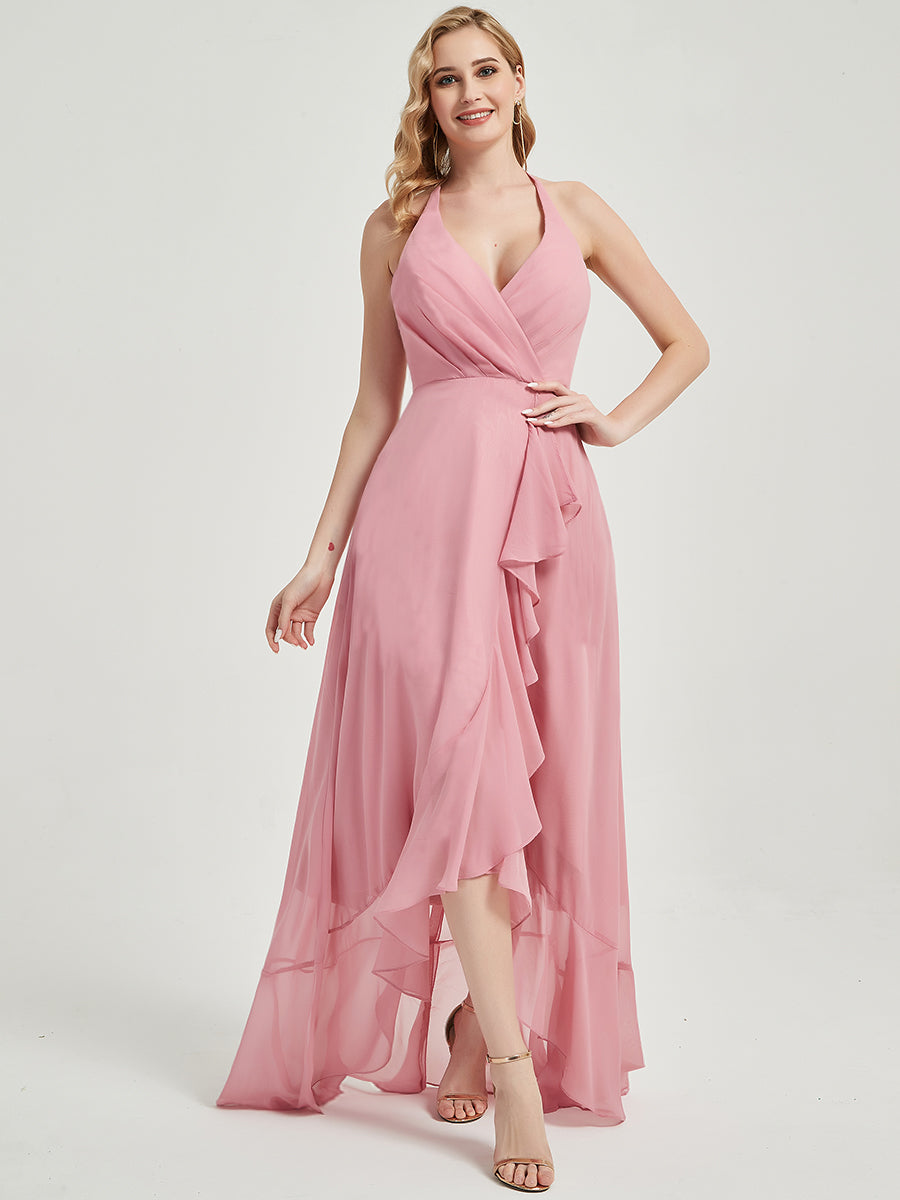 Elegant Candy Pink Halter V-Neck Backless High-Low Chiffon Bridesmaid Dress for Wedding Party & Formal Events