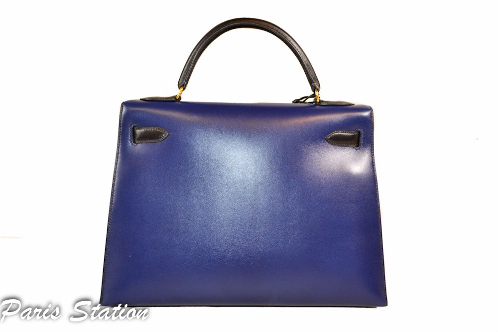 Authentic Hermes Kelly Sellier 32 Handbag in Blue & Black - Luxury Bi-Color Leather Shoulder Bag for Women | Perfect for Work, Evening Events & Special Occasions